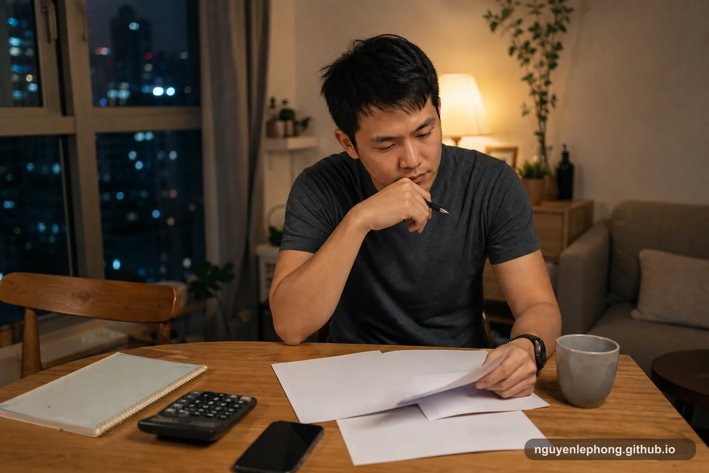 Một người mua nhà Việt Nam xem lại giấy tờ trống, máy tính và điện thoại úp xuống trong buổi tối trước khi quyết định mua nhà.
