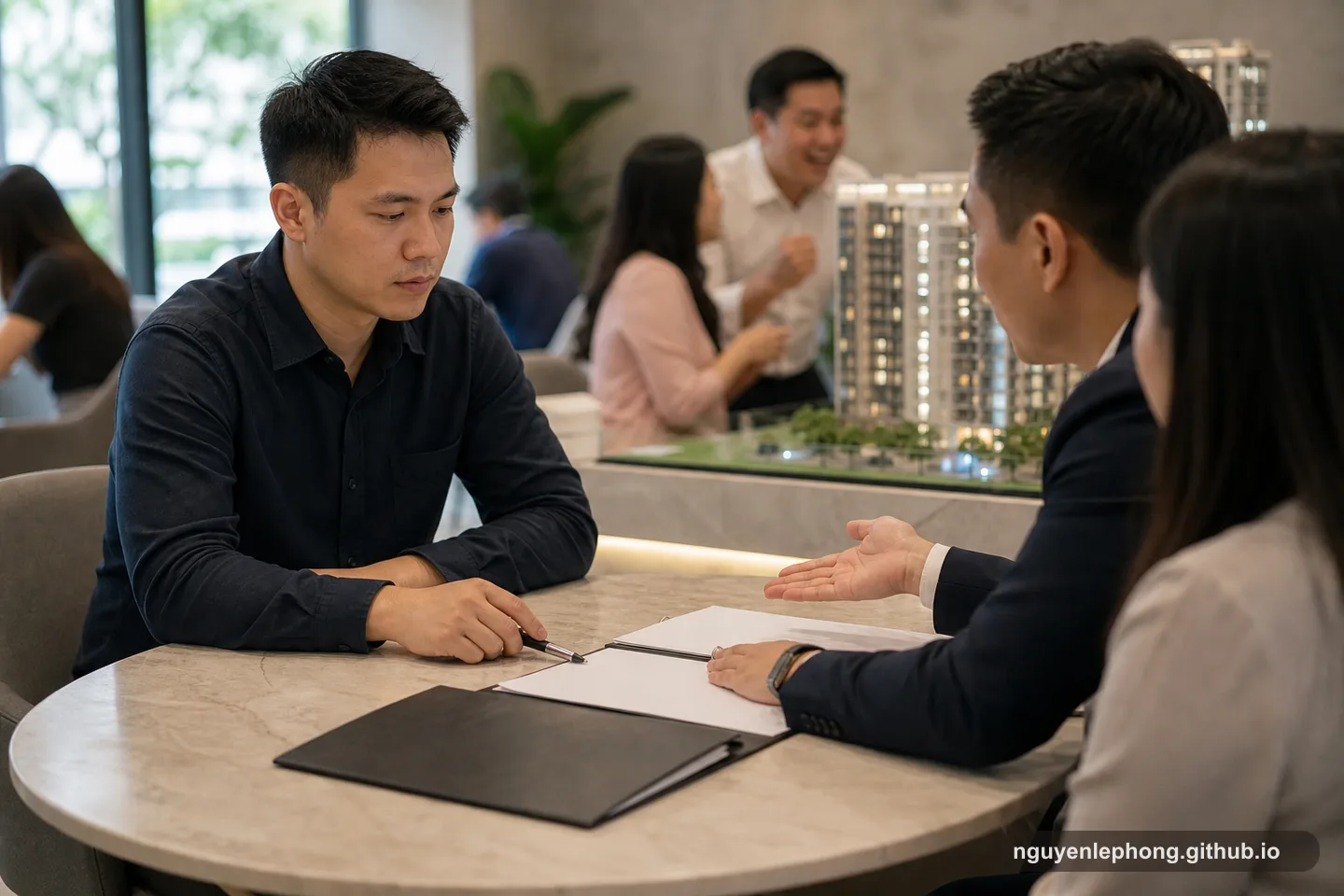 Một người mua nhà Việt Nam giữ bút trên bàn trong phòng bán hàng, trước giấy tờ trống và áp lực nhẹ từ môi giới cùng khách khác phía sau.