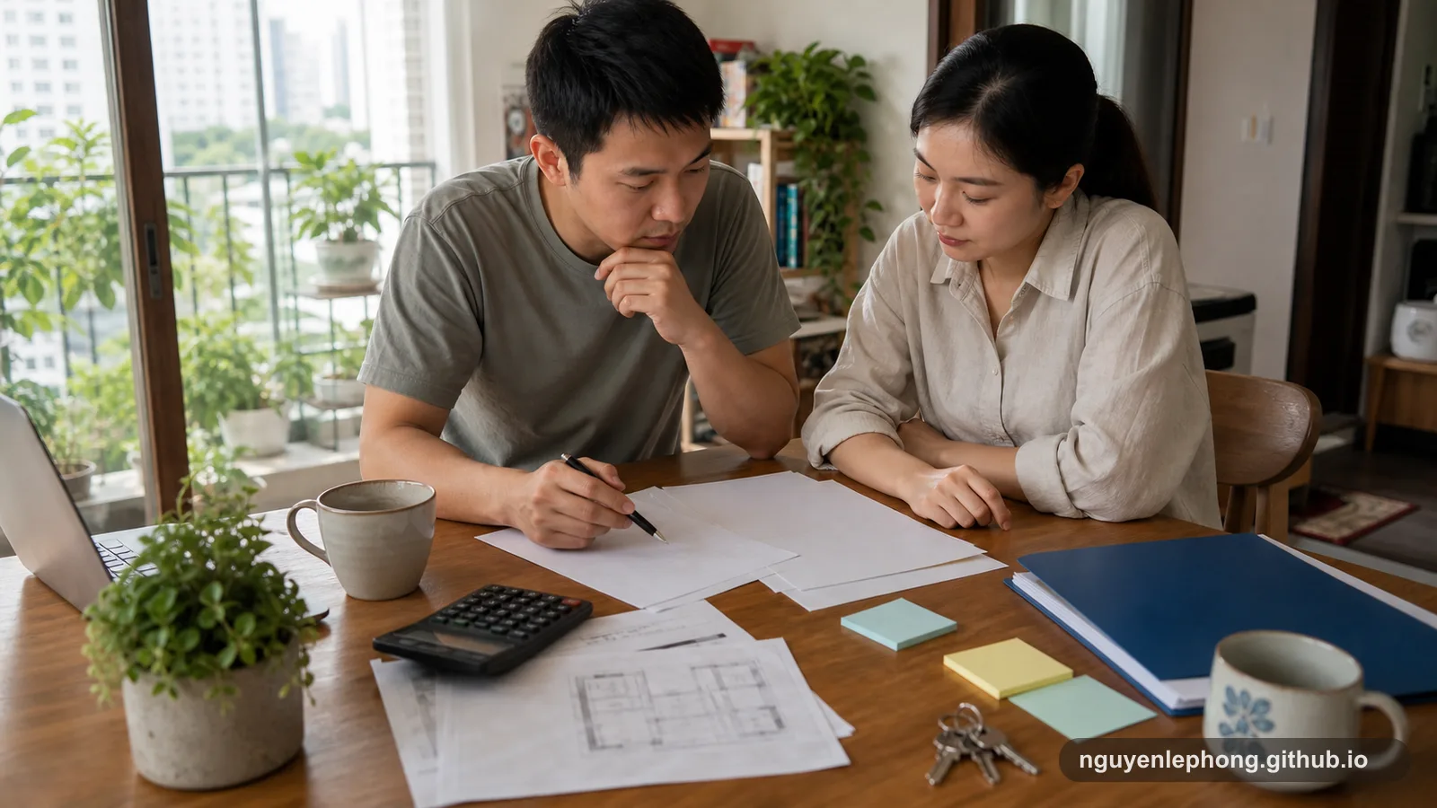 Một người mua nhà Việt Nam và người đồng hành đáng tin cùng xem giấy tờ trống, máy tính, chìa khóa và hồ sơ trước khi đi xem hoặc thương lượng nhà.
