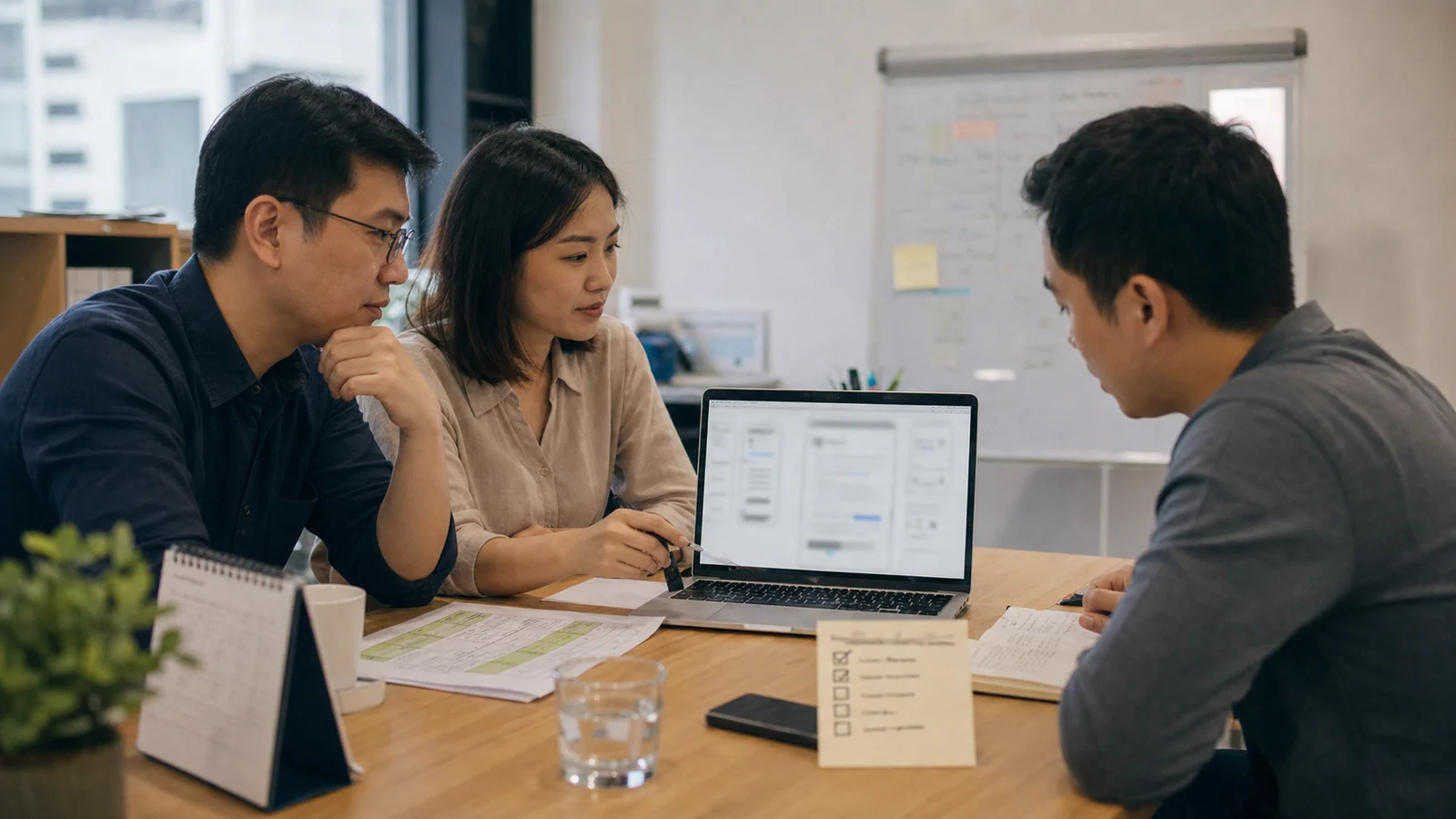 Ba đồng nghiệp Việt xem một prototype được làm mờ, bản kế hoạch nhỏ và một checklist còn dang dở.