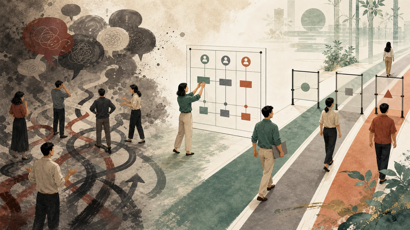 An editorial illustration moves from tangled conversations into clear role lanes, decision gates, and handoffs.
