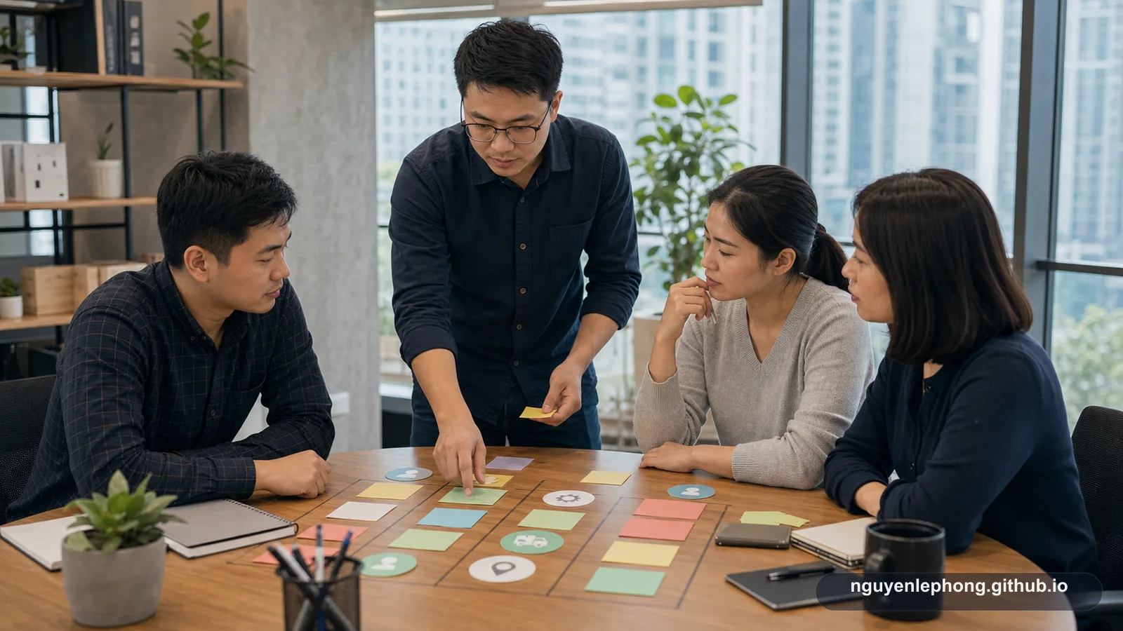 A Vietnamese team reviews plain role cards and operating tokens together, matching work to strengths before the handoff gets messy.