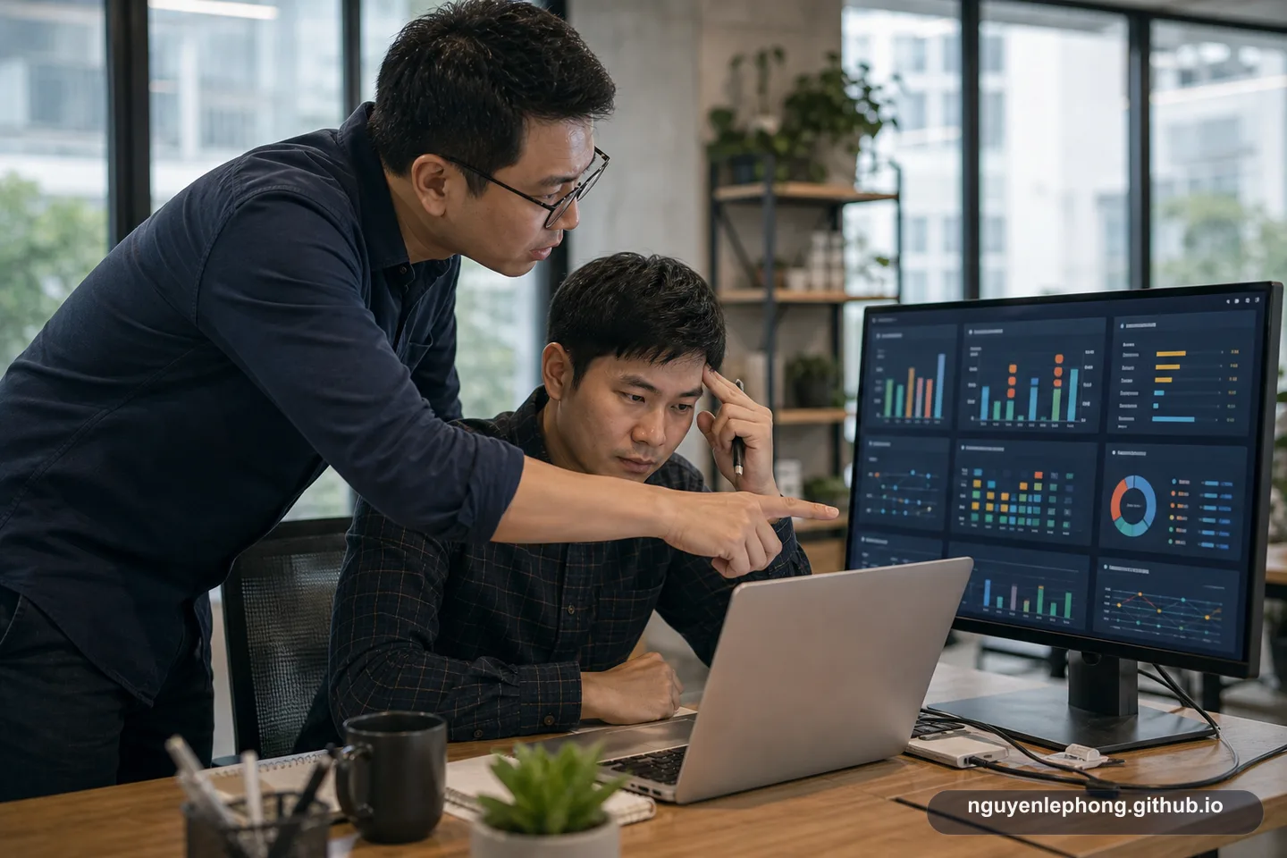 A manager leans over an employee’s shoulder toward an abstract dashboard while the employee looks tense, capturing how oversight can become pressure.