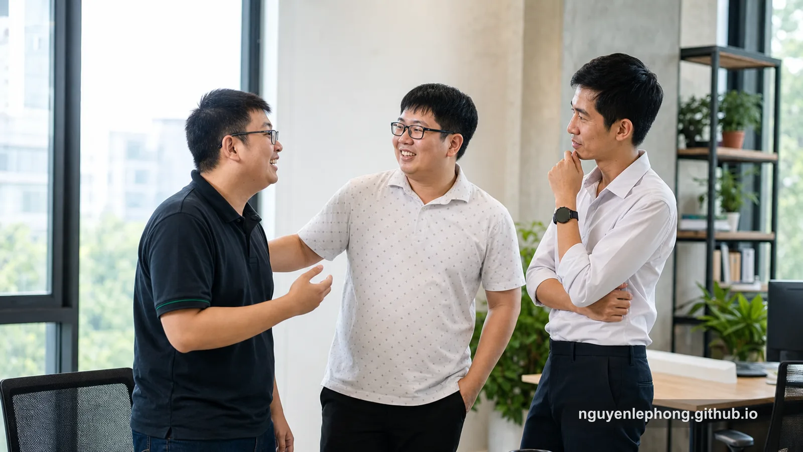 Three Vietnamese colleagues in a bright office pause after sharing good news, while one congratulates the others with an open smile and reflective calm.