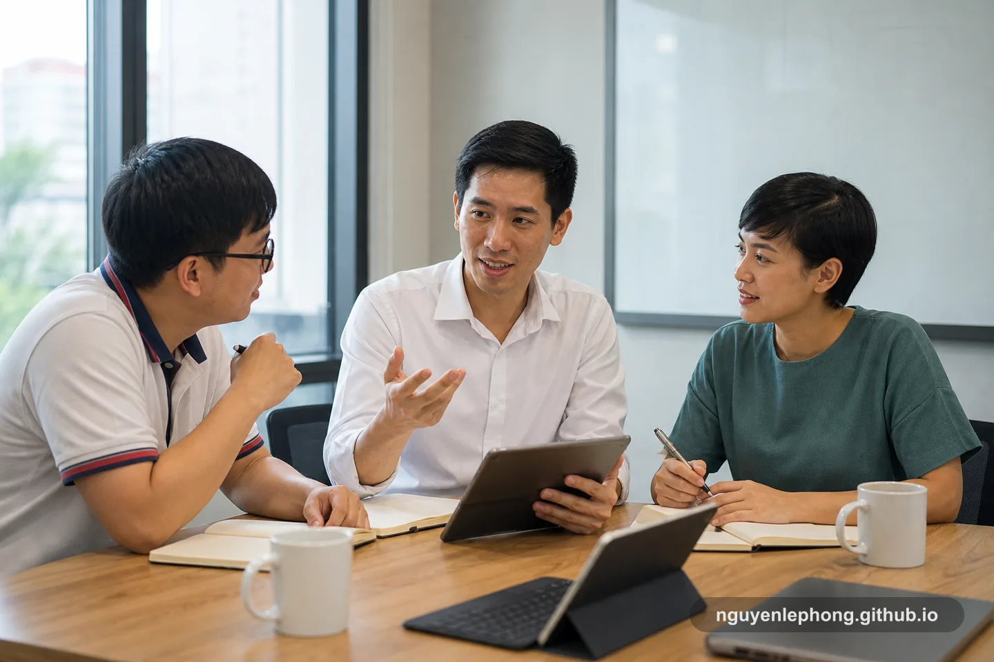 Three Vietnamese teammates review a project plan together as one stronger colleague explains a point and the others lean in to learn.
