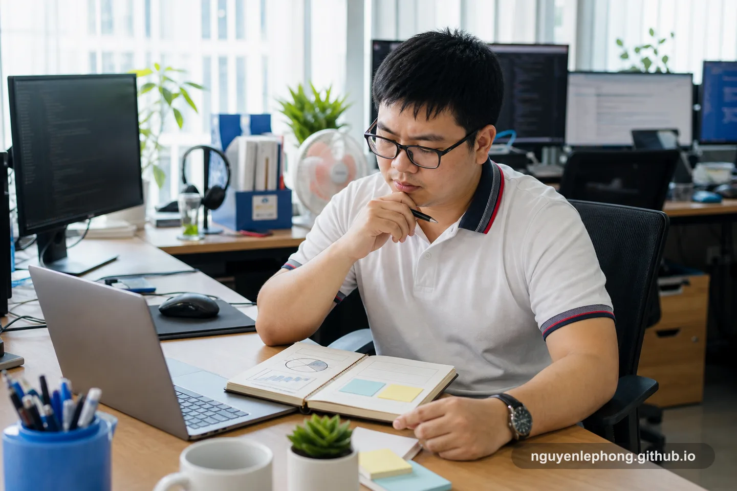 A Vietnamese professional sits at his desk with a notebook of simple charts, turning a colleague's success into questions he can learn from.