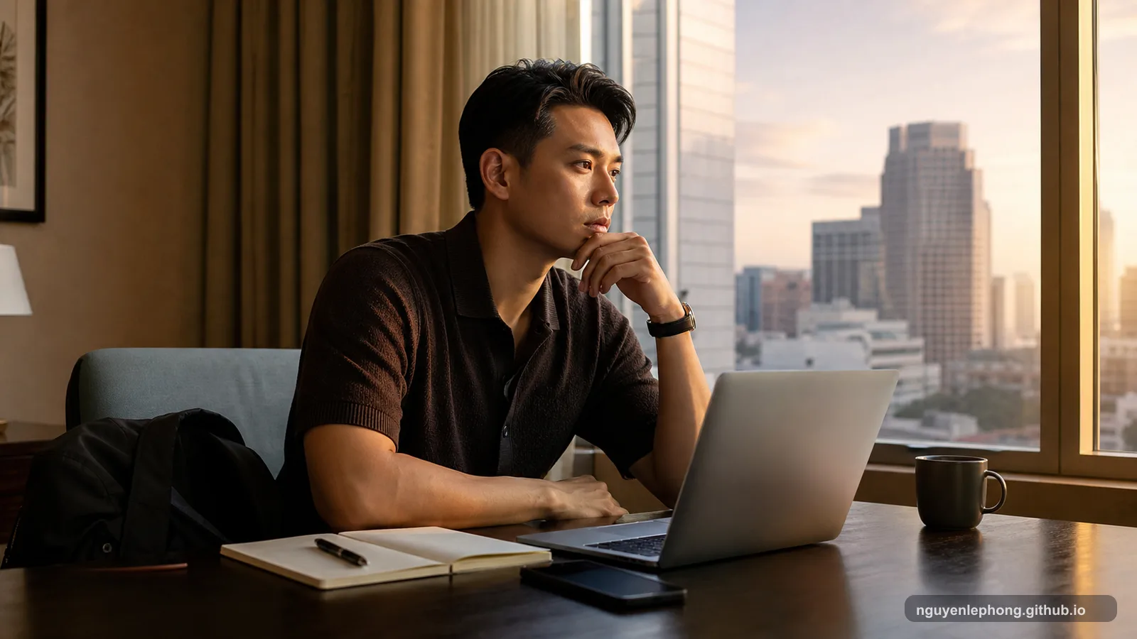 Nguyen Le Phong sits by a window-side desk at dusk with a notebook, laptop, and phone within reach, thinking through his options before making a visible move.
