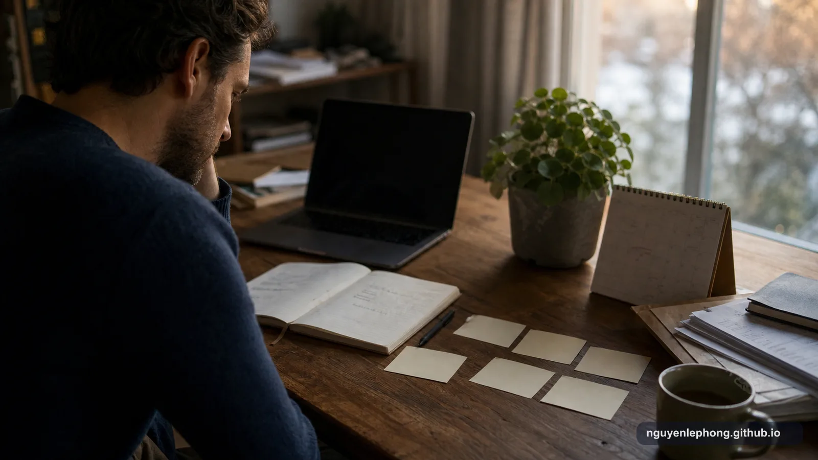A professional studies a stale notebook and blank task cards at a dim desk, with an unopened laptop nearby.