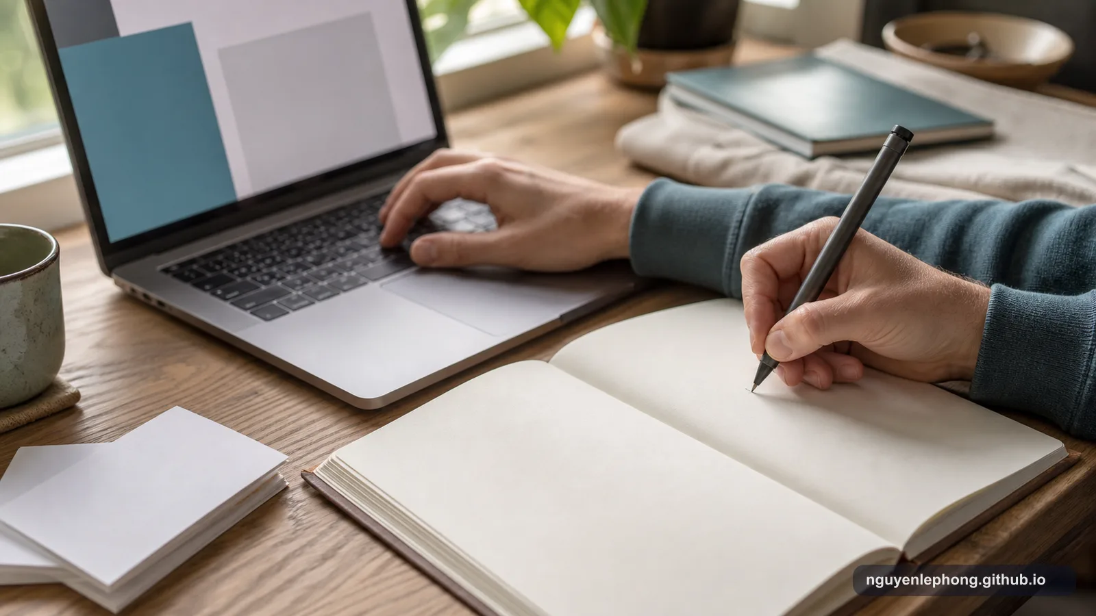 Hands start a tiny first step at a desk, with one hand on a keyboard and the other making a first mark in a blank notebook.