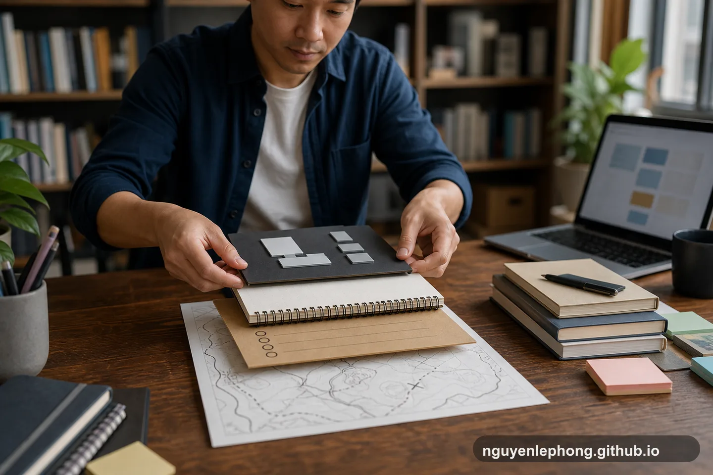 Nguyen Le Phong sắp các khối đơn giản trên một tấm bảng đặt trên sổ tay, nghĩ về việc những tầng chịu lực phải được đặt xuống trước khi mọi thứ phía trên có thể đứng vững.