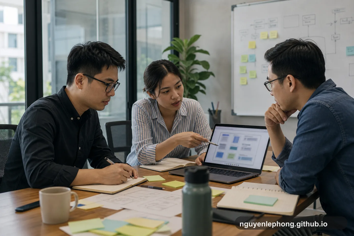 Một đồng đội chỉ vào màn hình trong buổi review sản phẩm căng nhưng bình tĩnh, khi hai người khác chăm chú nghe để biến góp ý thành bước đi rõ hơn.