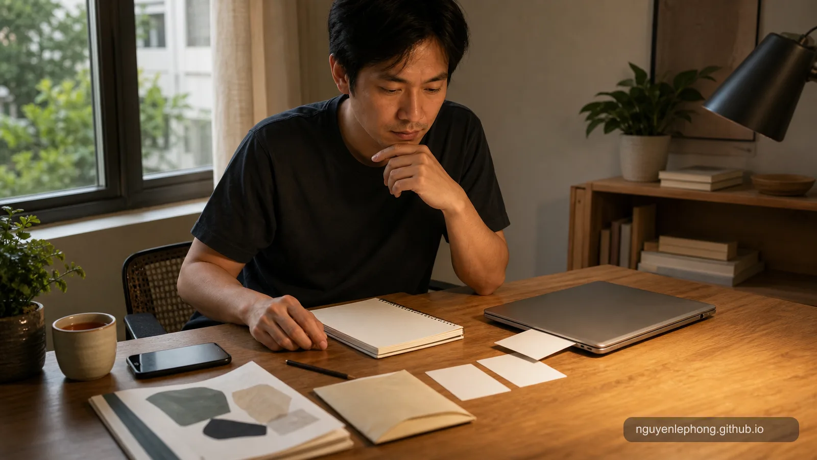 A Vietnamese adult pauses at a warm desk with a blank notebook, cards, a closed laptop, tea, and a face-down phone before choosing the next action.