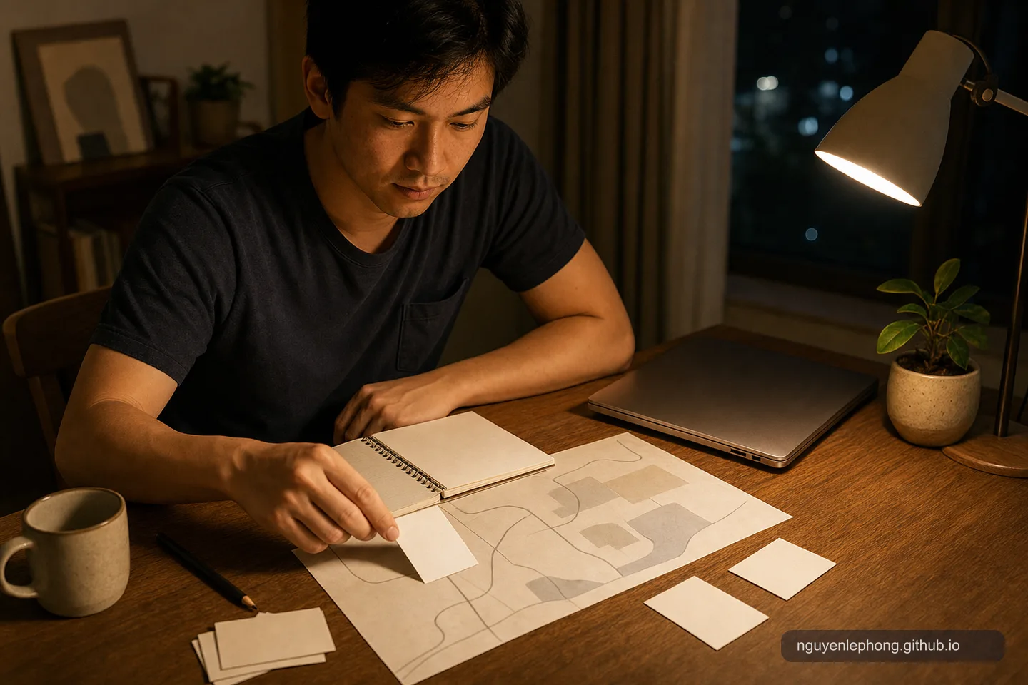 A Vietnamese adult moves a blank card toward an abstract map-like sketch on a quiet late-night desk.