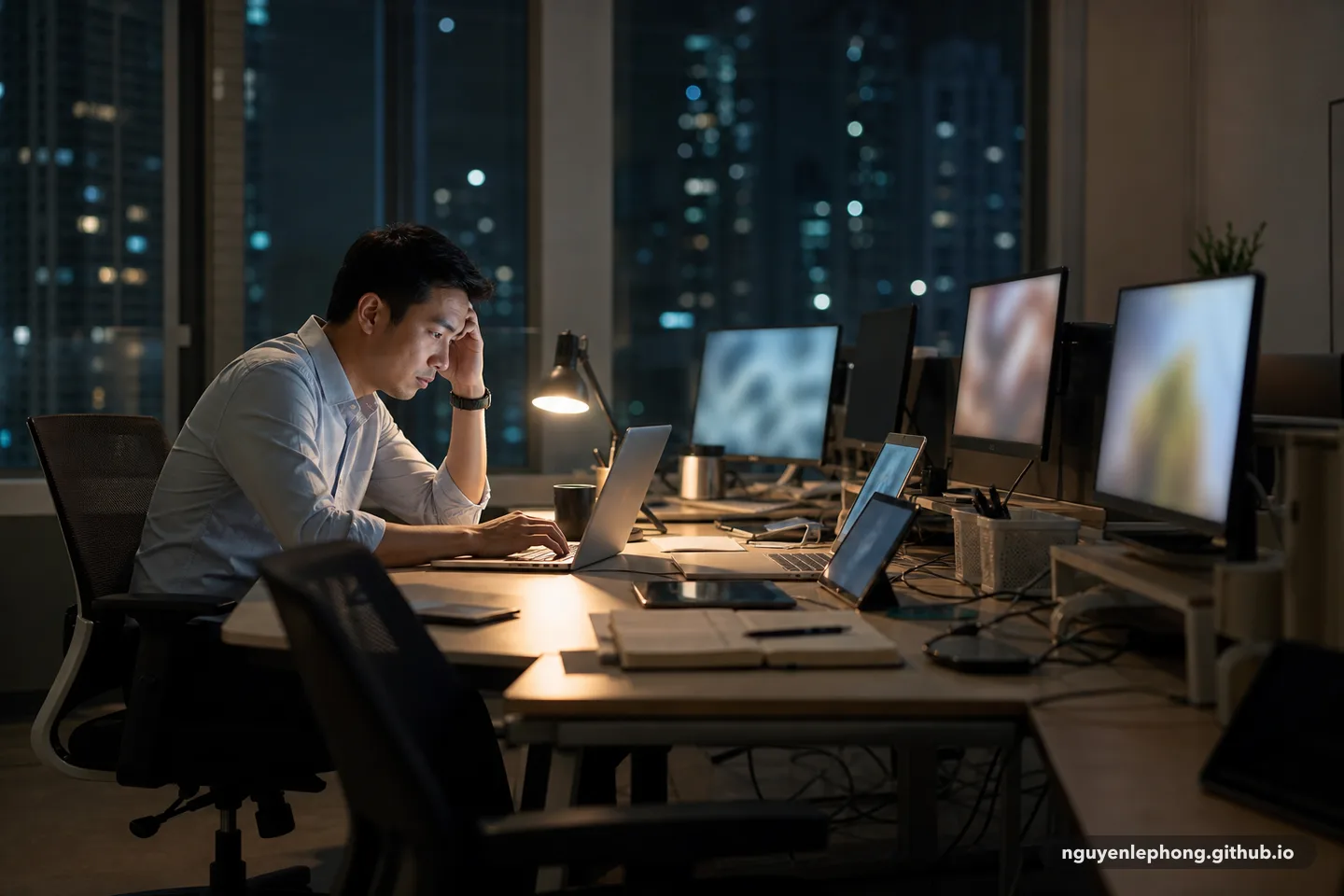 A tired office worker works late among empty chairs and blurred screens, carrying the kind of workload that used to belong to a team.