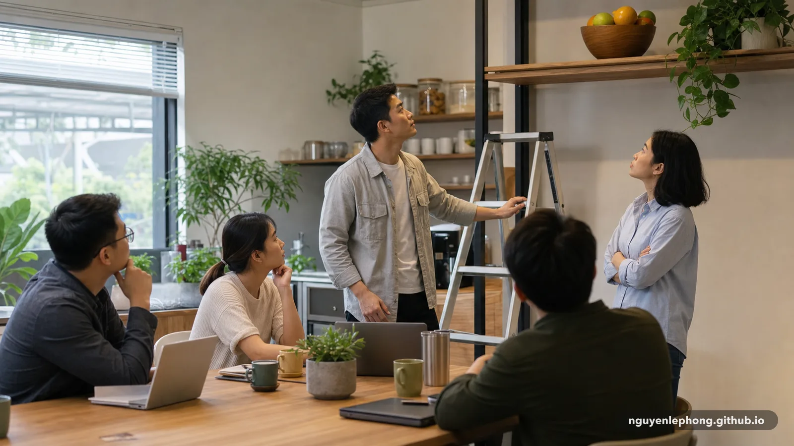 A small office team pauses around a step ladder and a high shelf of fruit, unsure whether anyone should climb toward it.