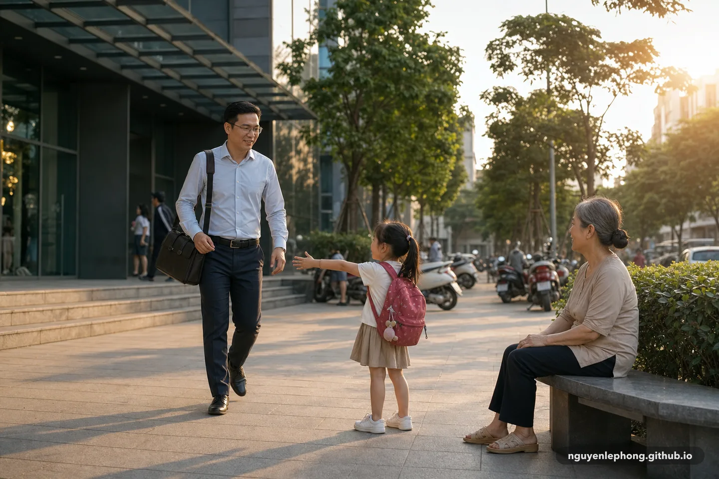A parent leaves an office in late afternoon to meet a child and an older family member outside, with the workday ending early enough for presence.