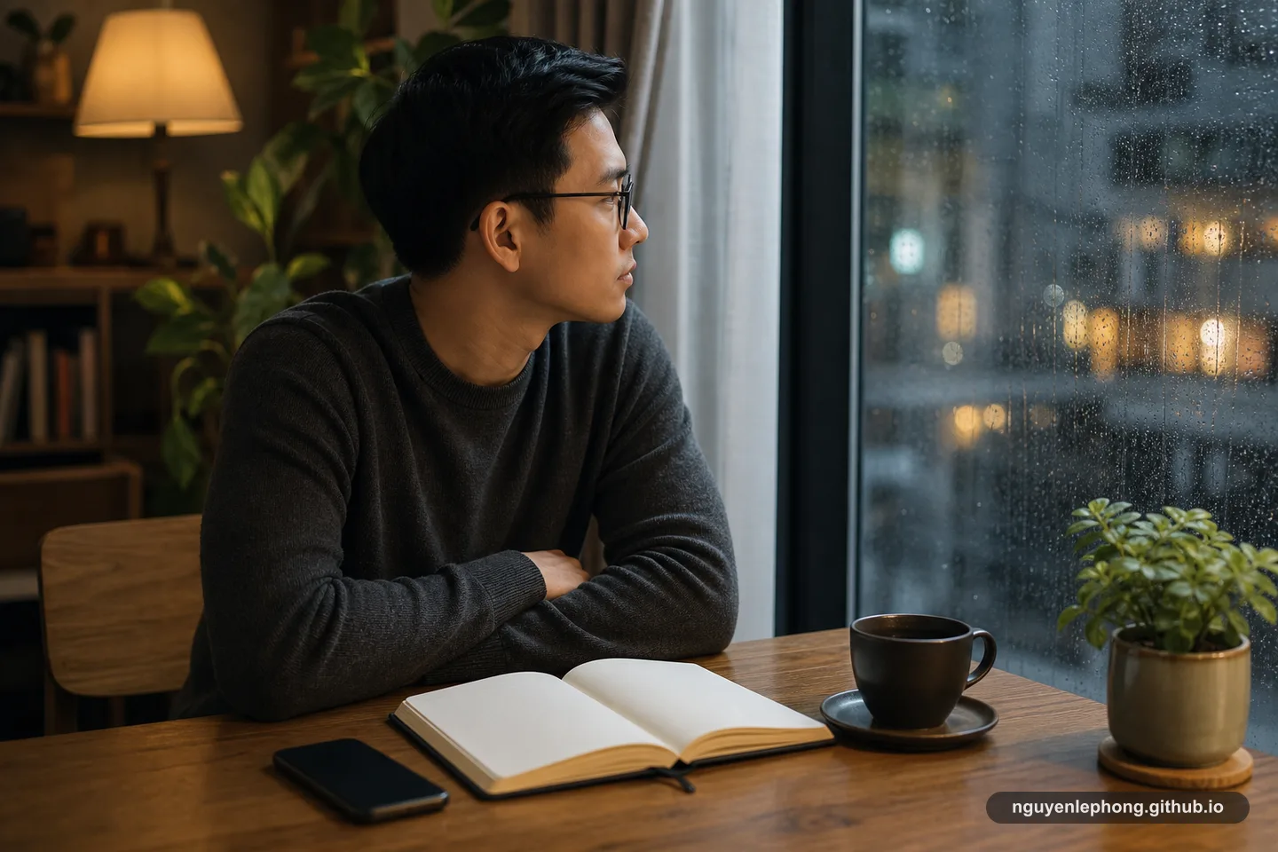 Một người đàn ông Việt Nam ngồi bên cửa sổ mưa, cạnh chiếc điện thoại úp xuống, cuốn sổ trắng mở ra và tách trà trên bàn.