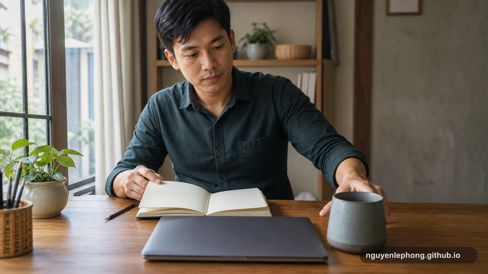 A professional opens a blank notebook and nudges a mug forward on a quiet desk before starting the first small action.