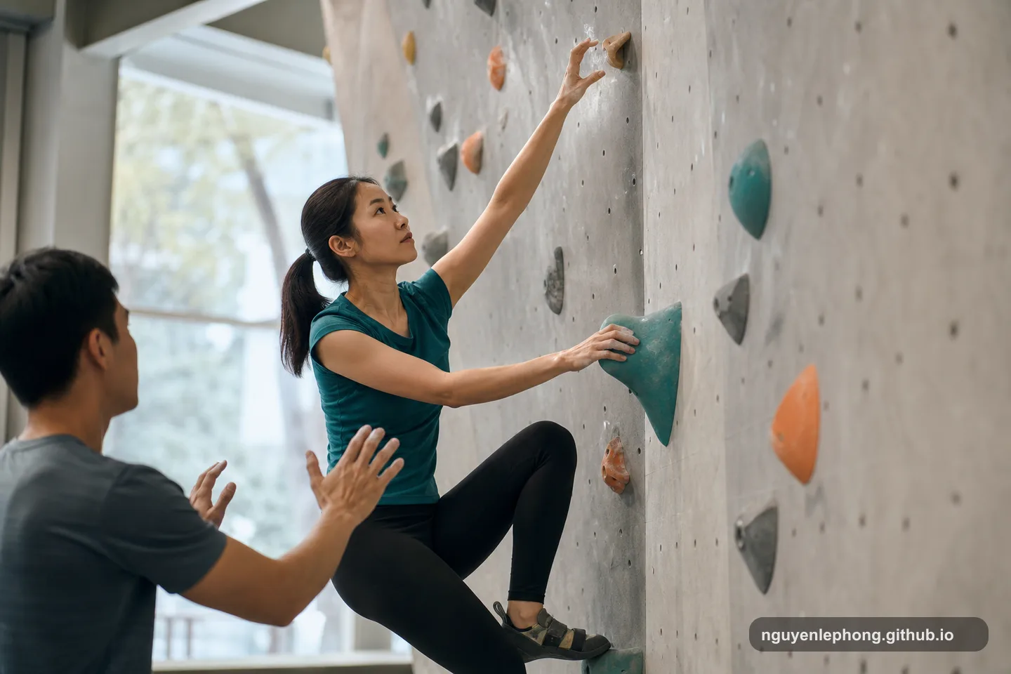 A climber reaches for a hold just above comfortable reach while a spotter stays nearby in a quiet climbing gym.