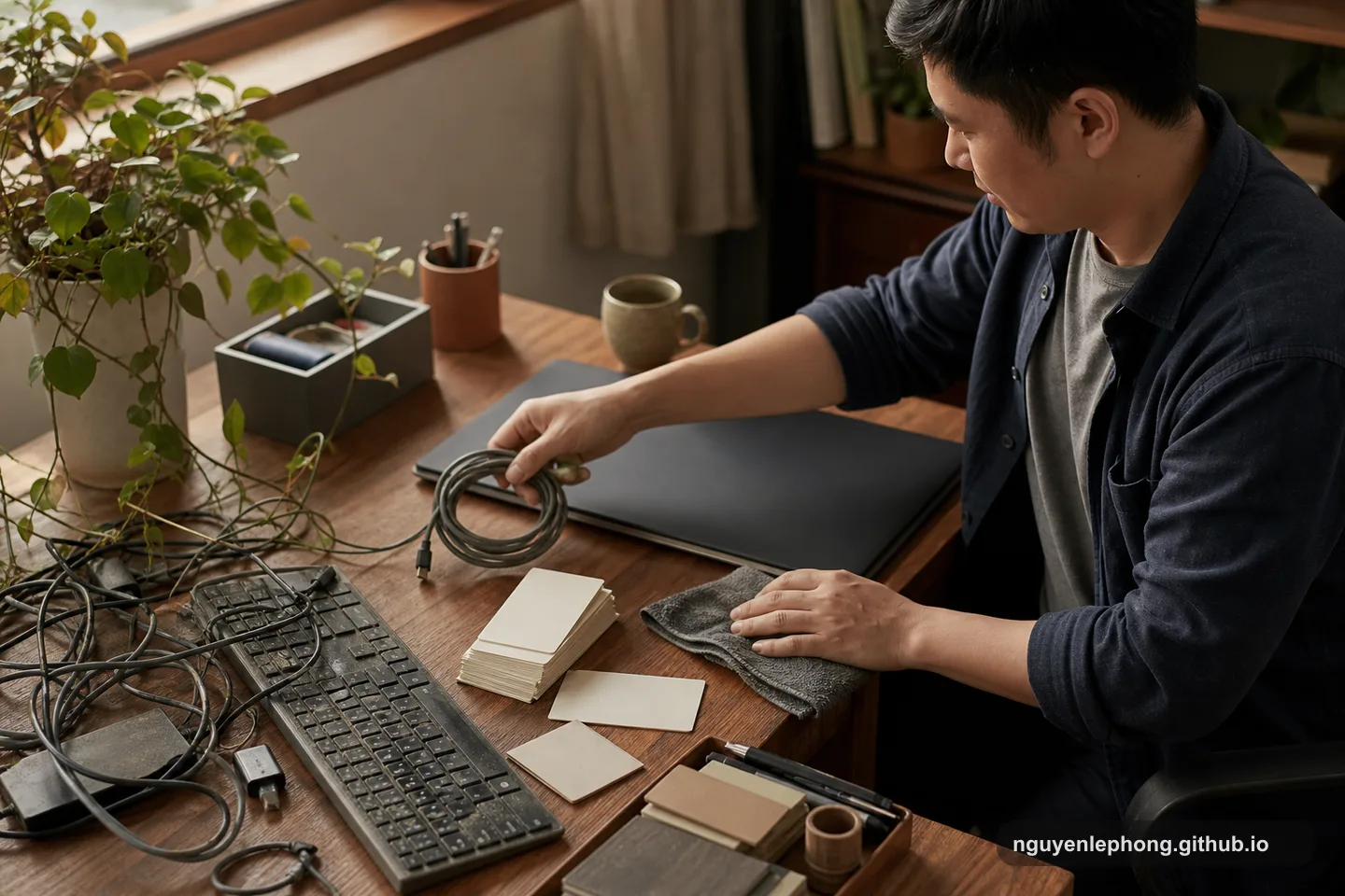 A professional restores order to a cluttered desk by coiling cables and stacking blank cards beside an overgrown plant.
