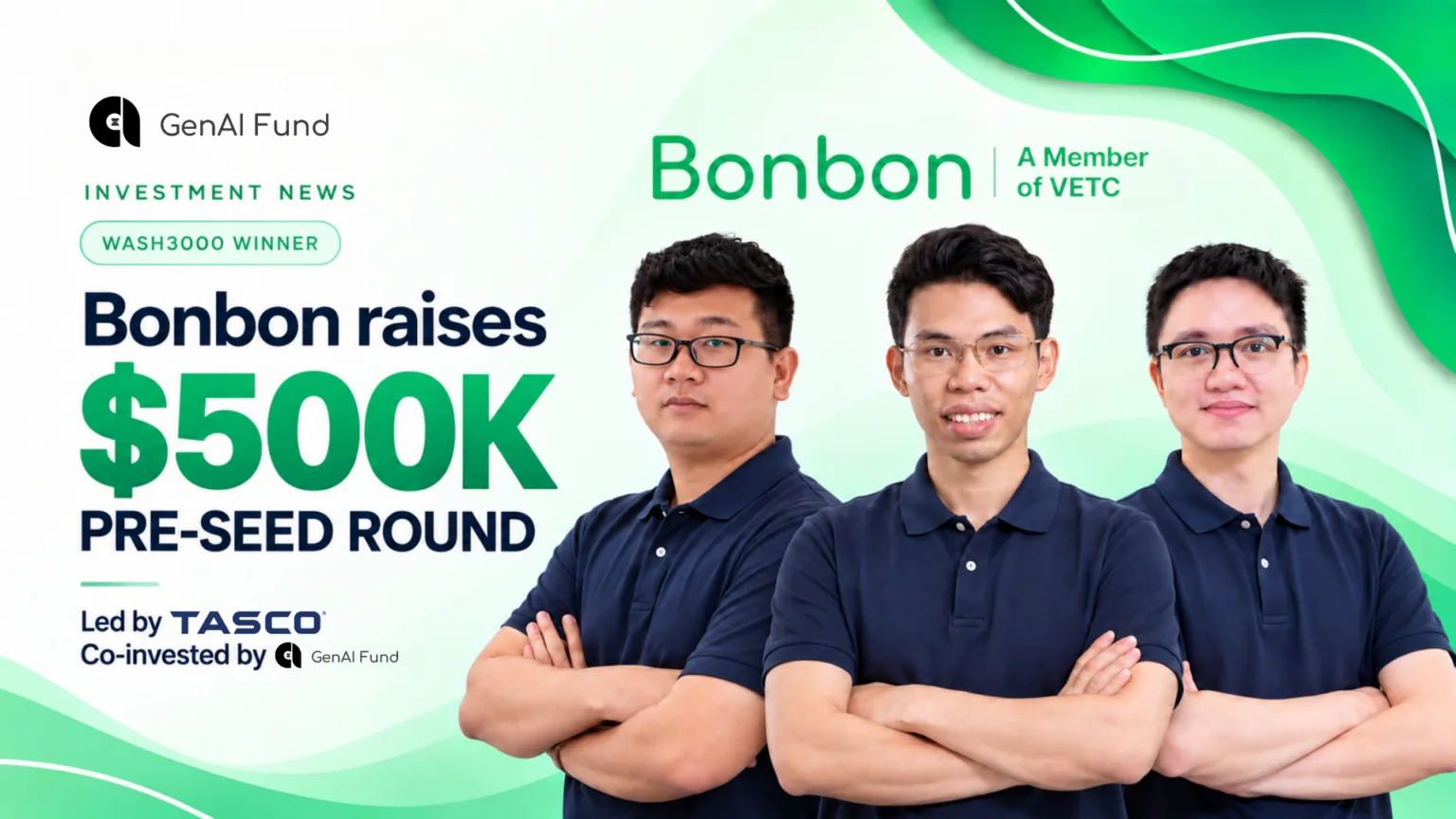 Ảnh key visual tin đầu tư của GenAI Fund: Bonbon, A Member of VETC, đội thắng Wash3000, gọi vốn pre-seed 500 nghìn USD do Tasco dẫn dắt, GenAI Fund đồng đầu tư, cùng ba nhà đồng sáng lập Nguyễn Chí Dũng, Vũ Duy Hưng và Nguyễn Lê Phong.