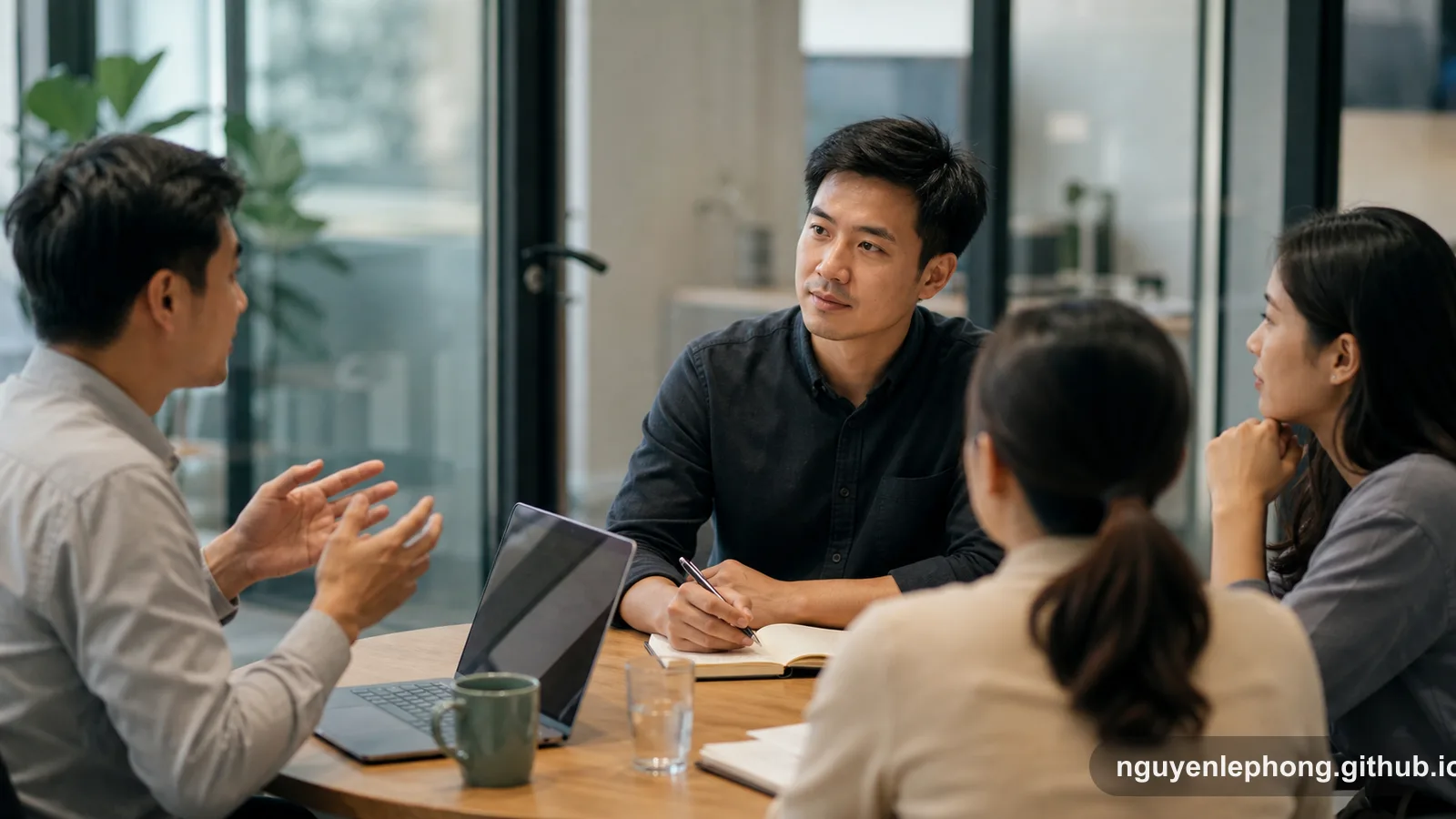 Một người làm việc Việt Nam lắng nghe thật kỹ trong một cuộc họp nhỏ, bút dừng trên sổ tay, chọn sự chú ý thay vì chen vào.