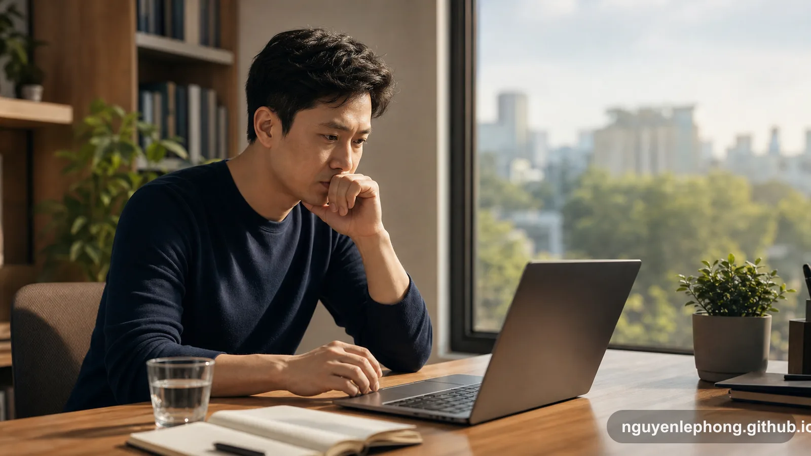Một người làm việc Việt Nam dừng lại bên bàn sau khi đọc một tin nhắn công việc sắc lạnh, chưa vội trả lời khi nắng chiều tràn vào phòng.