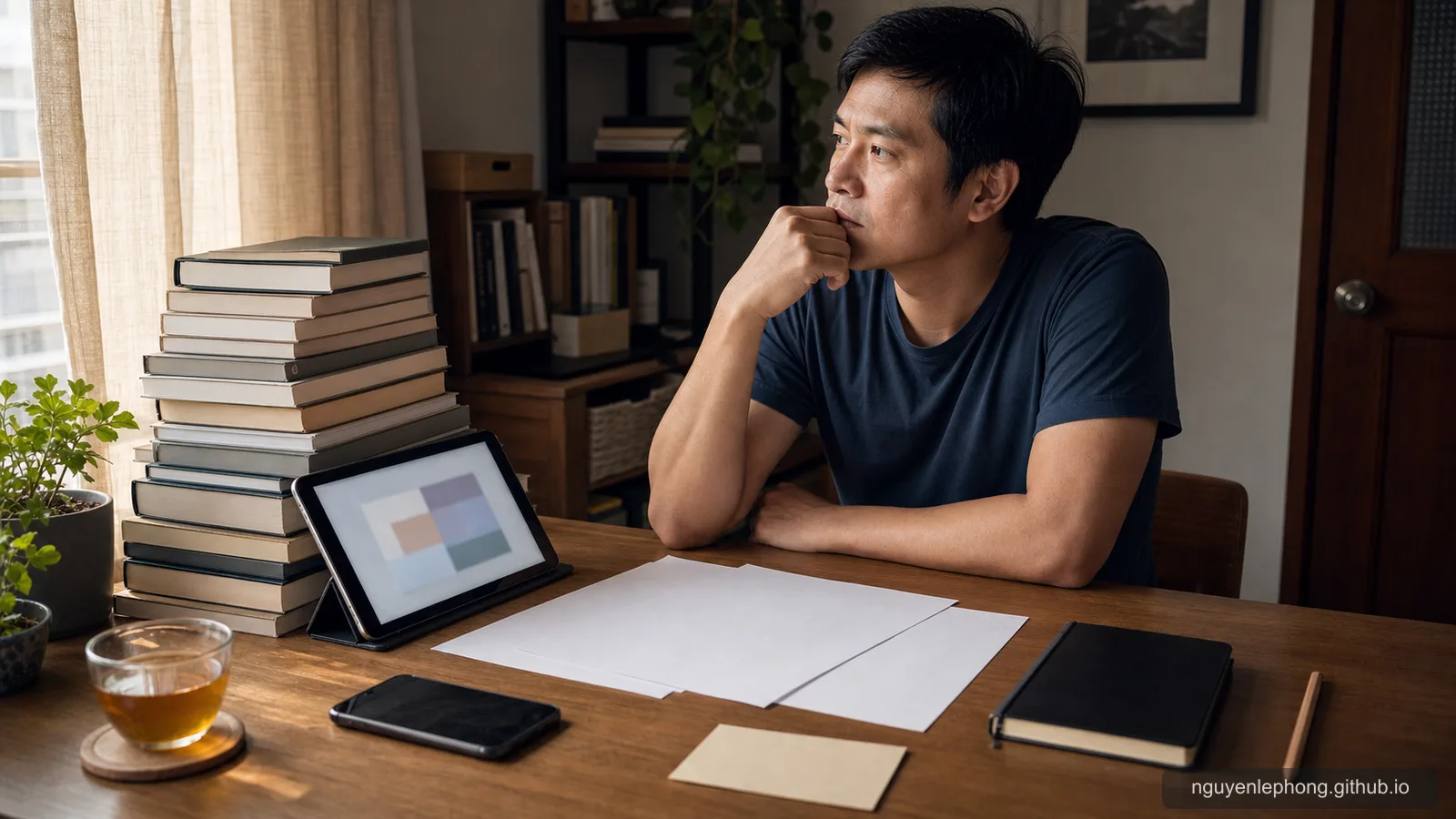 A Vietnamese adult pauses at a warm desk with a stack of closed books, a tablet, blank papers, a closed notebook, and an unused pencil.