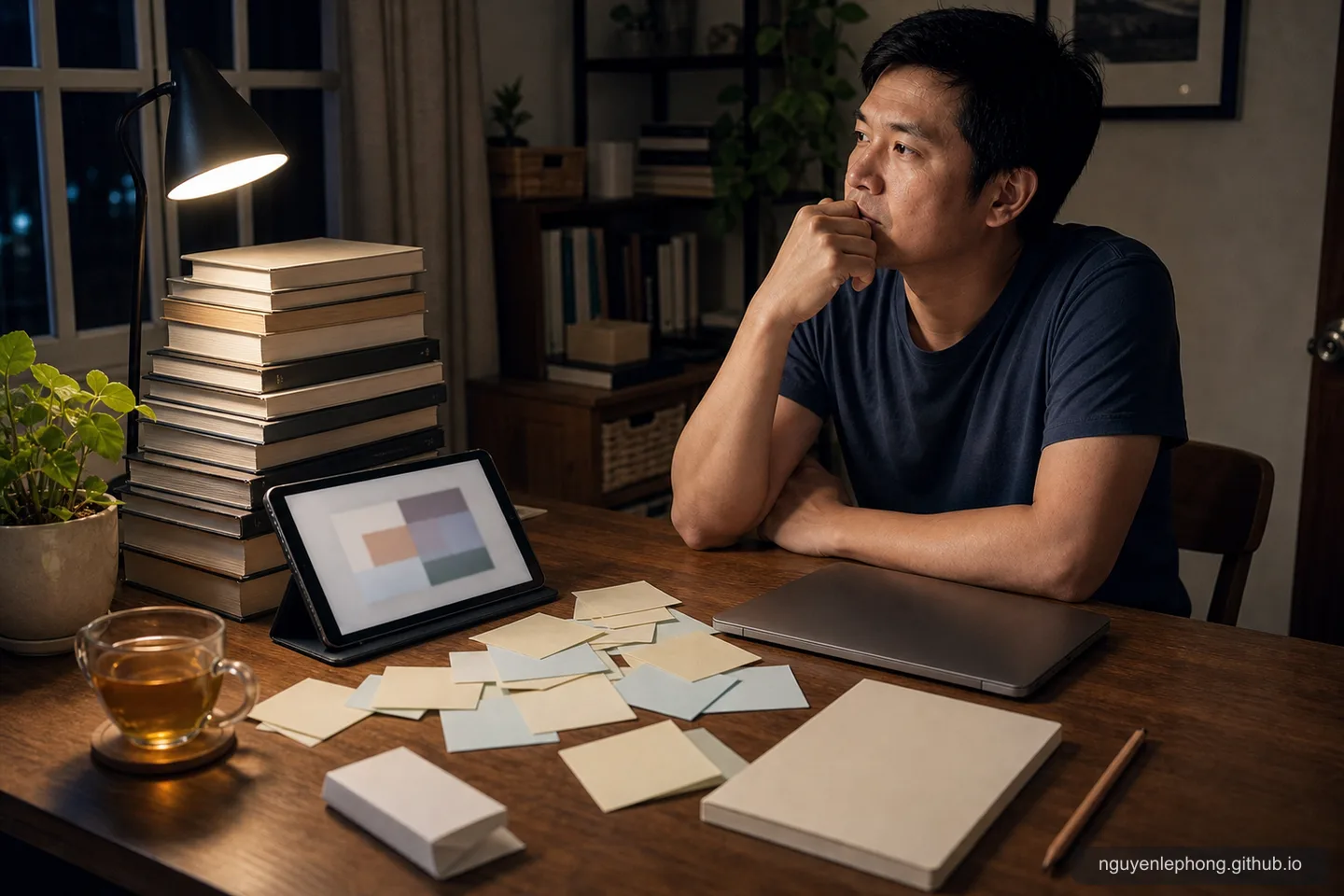 A Vietnamese adult sits beside closed books, a tablet, blank sticky notes, and an untouched practice notebook at an evening desk.