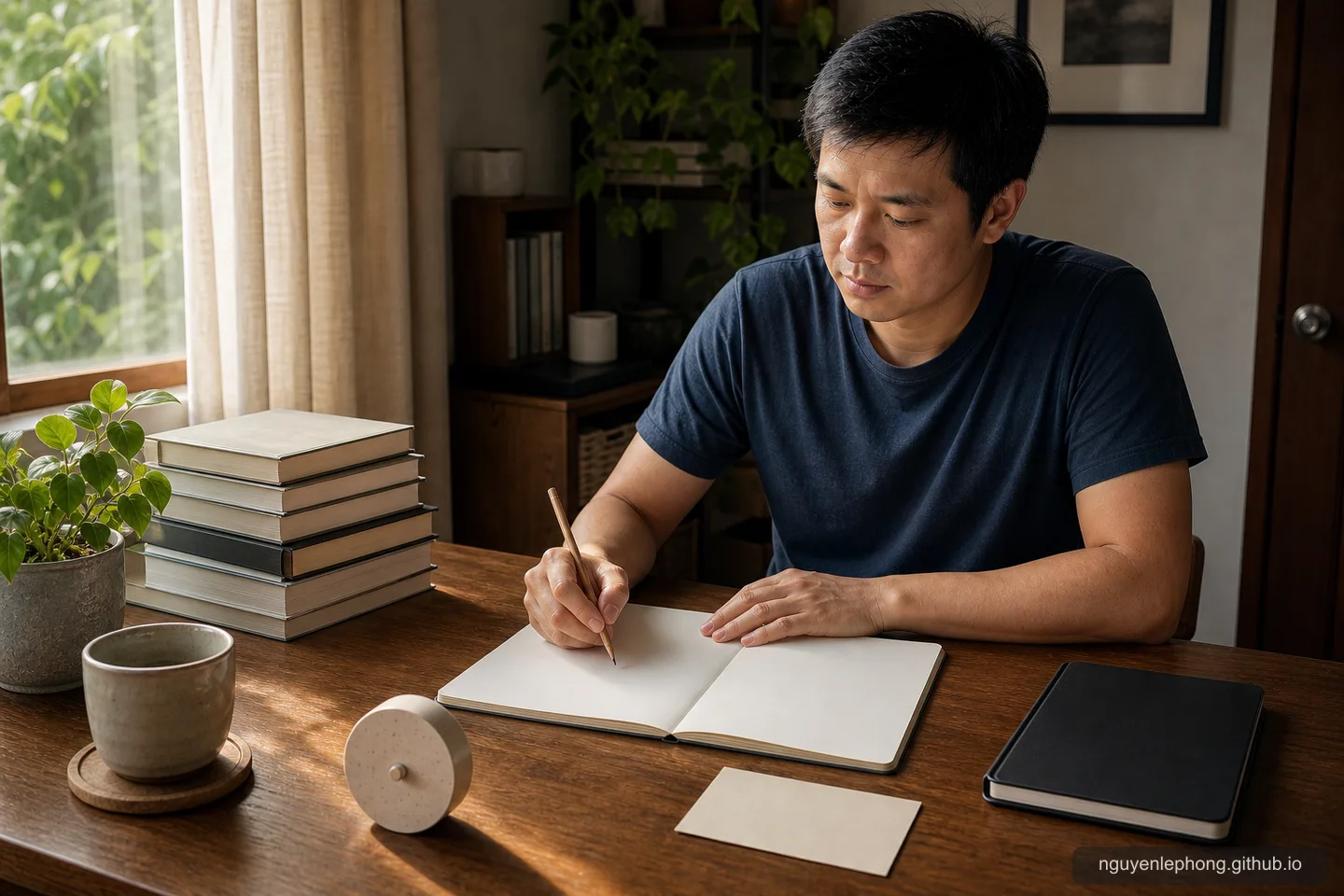 A Vietnamese adult begins at a quiet morning desk with a blank notebook, pencil, closed books pushed aside, and a simple unlabeled timer.