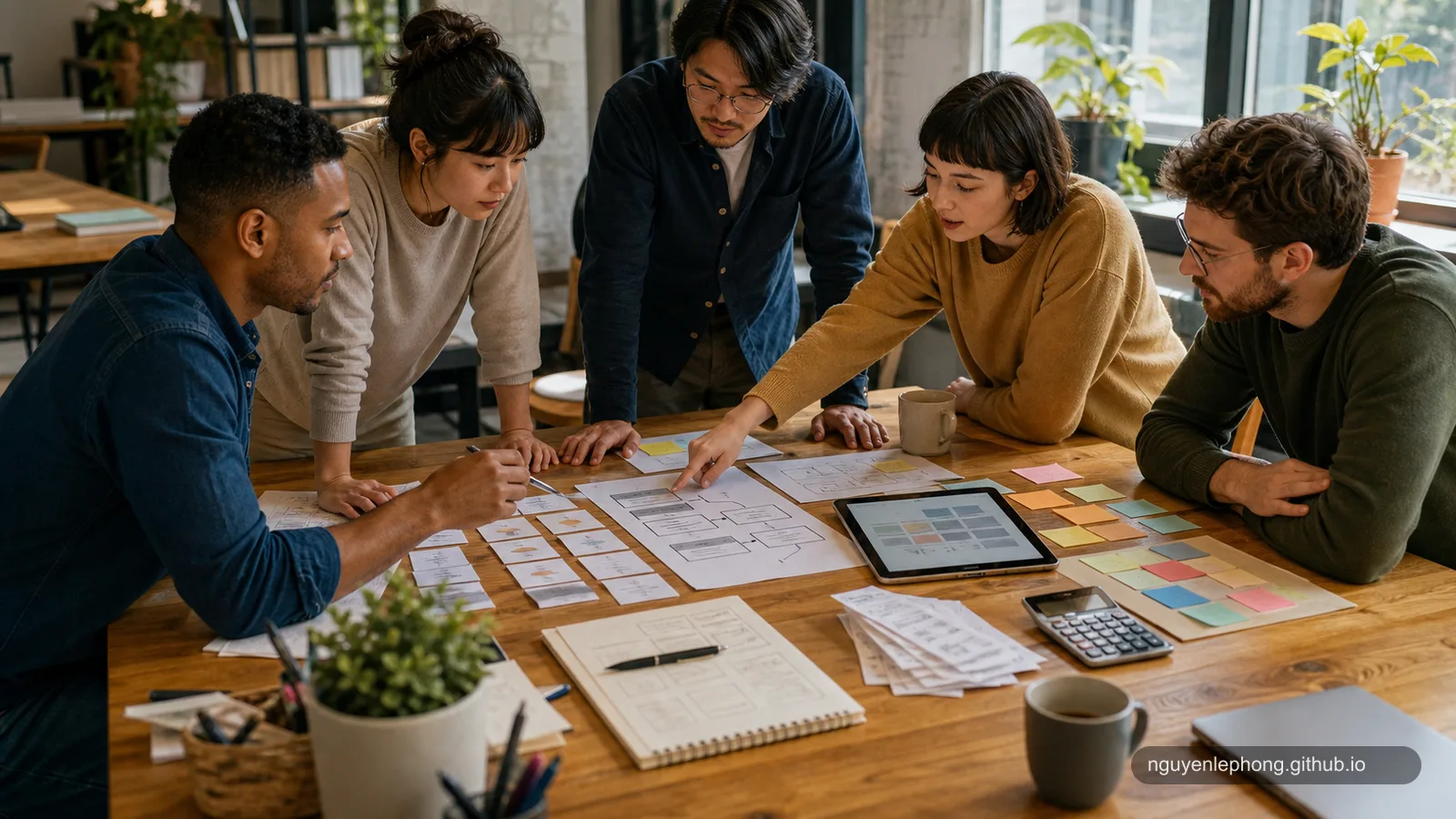 Một nhóm nhỏ cùng nhìn customer note, con số, phác thảo sản phẩm và vận hành trên cùng một bàn.