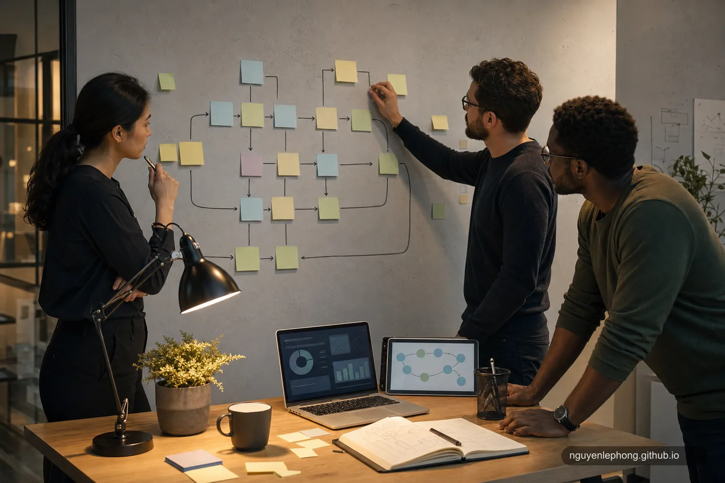 Đồng đội chỉnh lại luồng vận hành cạnh dashboard trừu tượng và ghi chú, biến feedback thành quyết định tiếp theo.