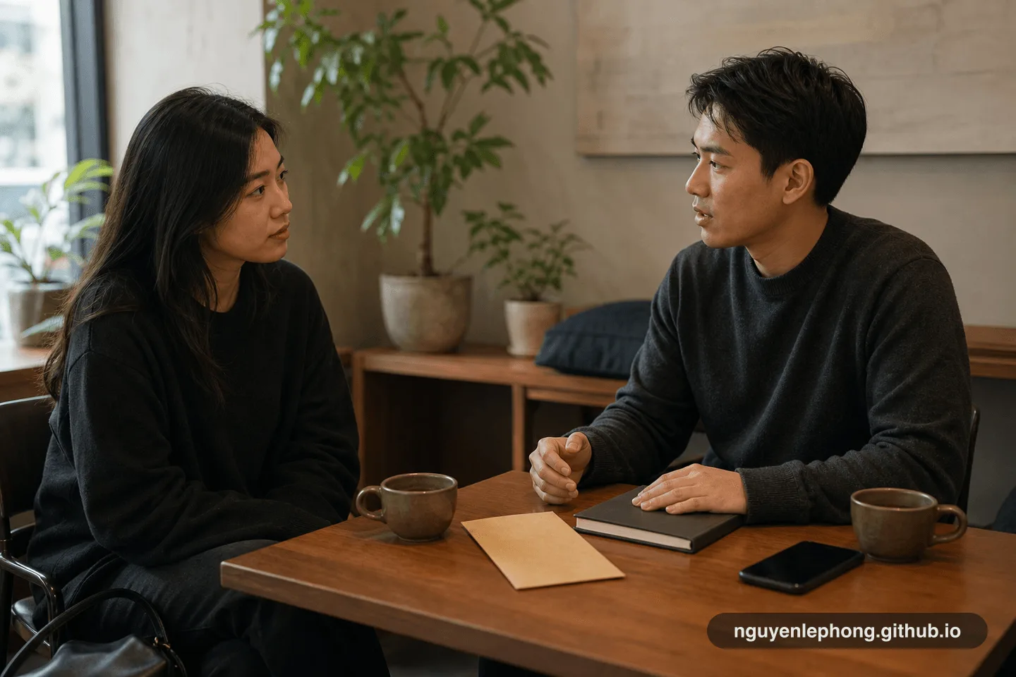 Hai người Việt trao đổi lặng lẽ trong quán cà phê, giữa họ là ly nước, sổ tay đóng và điện thoại úp xuống.