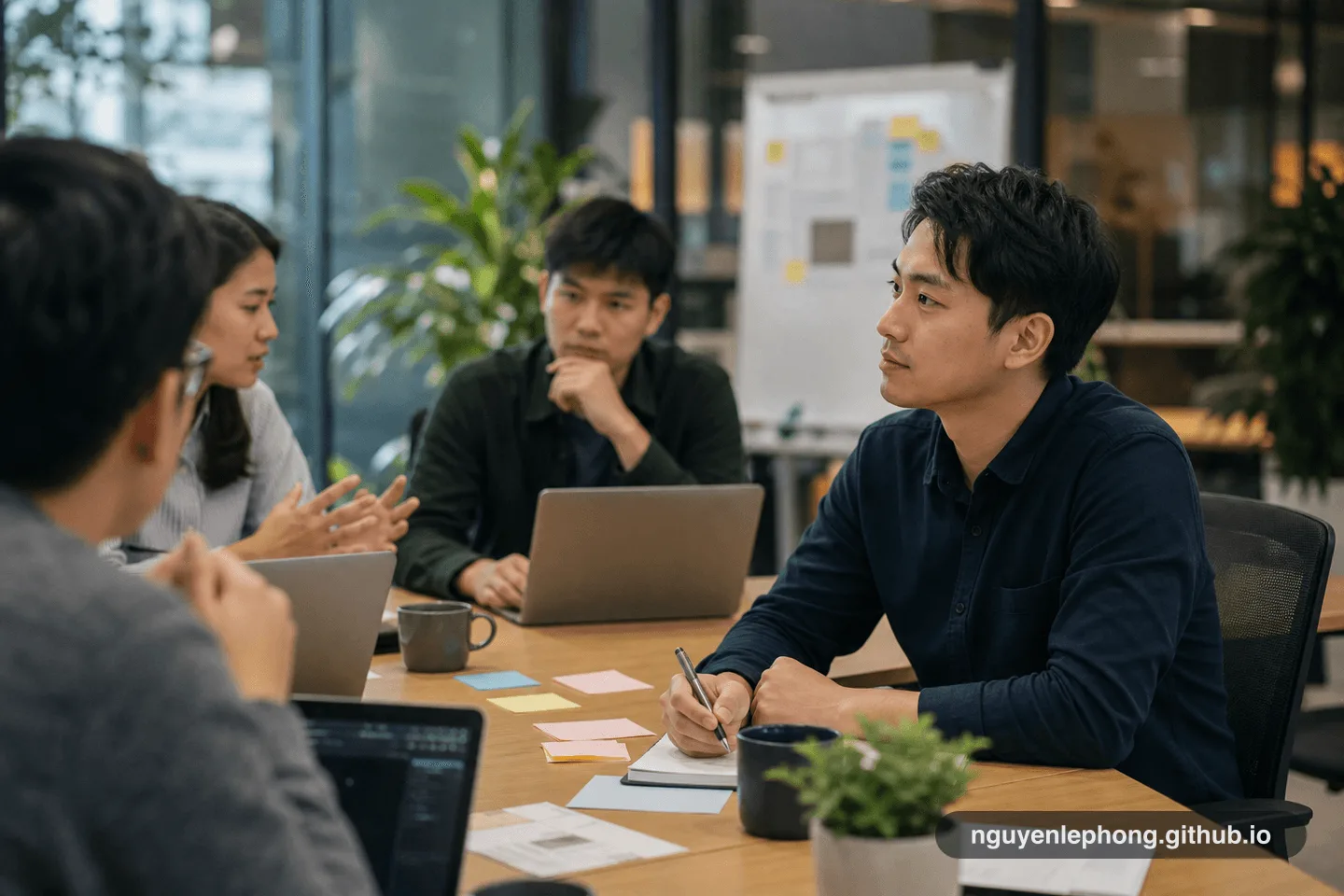Một người làm việc Việt Nam lắng nghe trong cuộc trao đổi của team, trước mặt là sổ tay khi đồng đội đang nói quanh bàn họp.