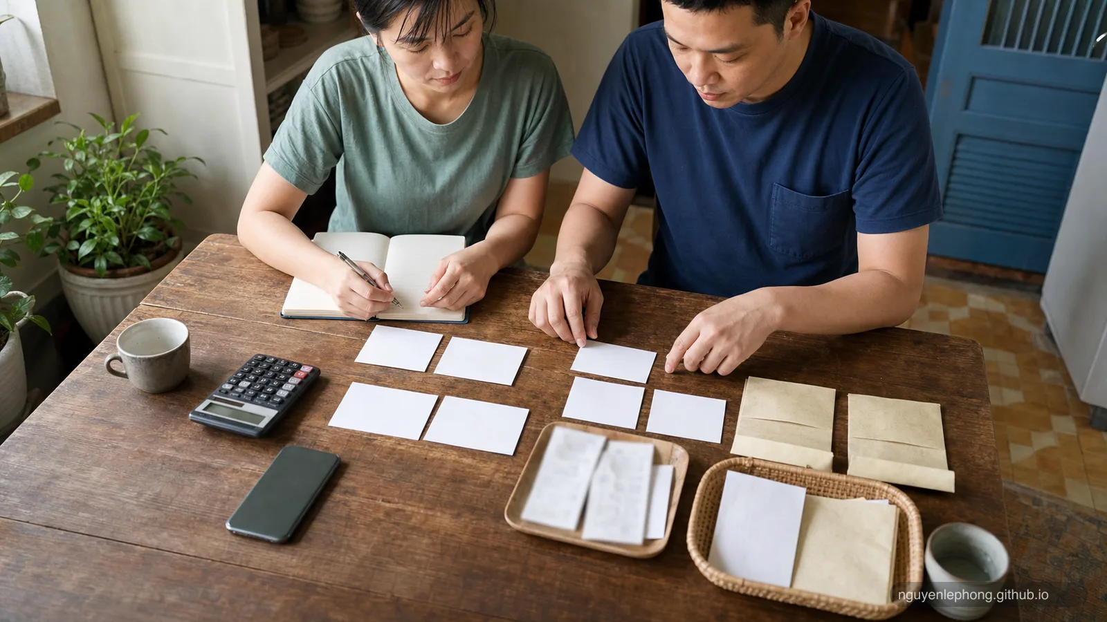 Two Vietnamese adults sort blank cards, envelopes, a notebook, and calculator on a wooden table so income, costs, buffers, and trade-offs are visible together.