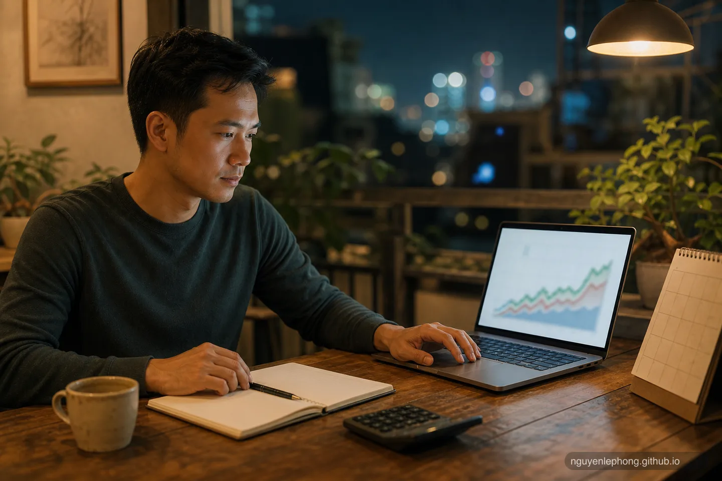 Nguyen Le Phong reviews a notebook, calculator, and blurred long-term chart at night, keeping a patient rhythm for contributions and compounding.