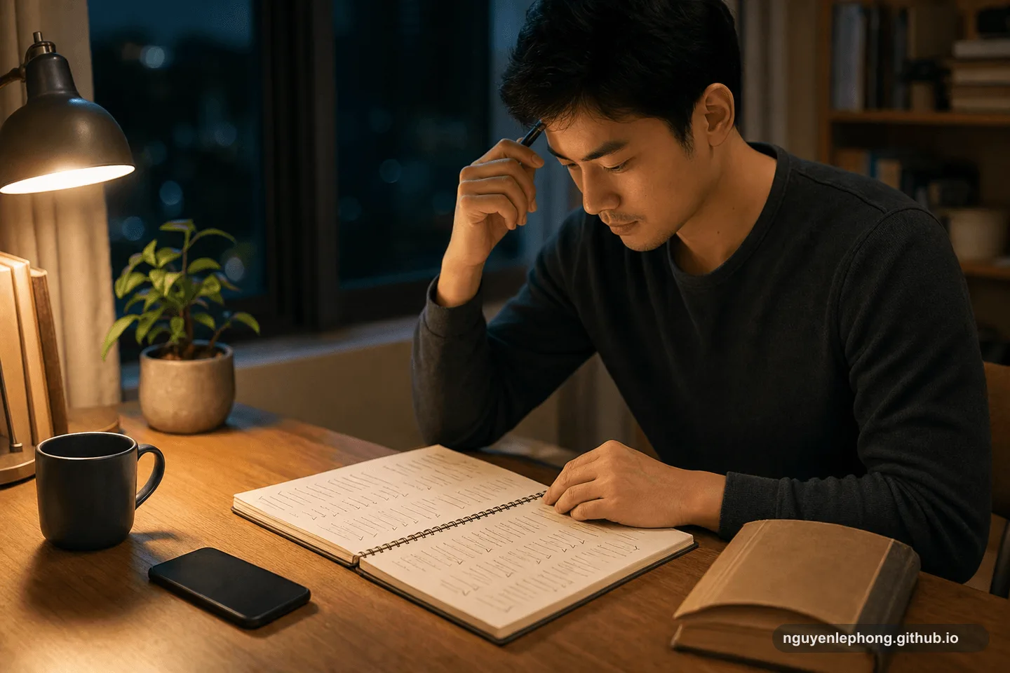 Một người review sổ tay tự kiểm điểm vào buổi tối bên cạnh đèn bàn, điện thoại úp xuống và một cuốn sách cũ.