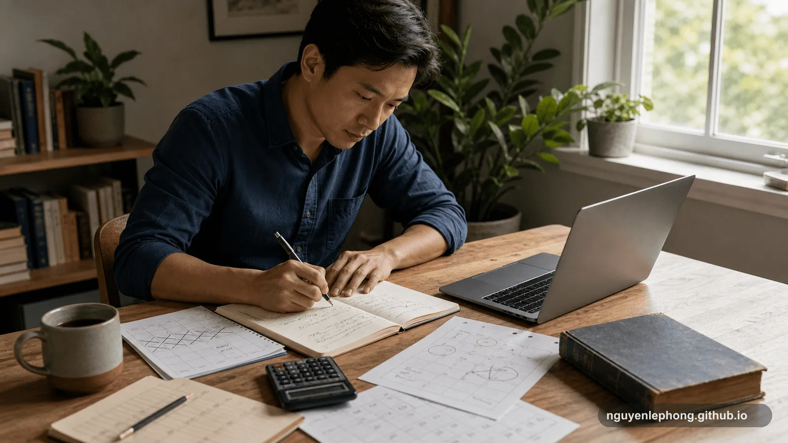 Một người đang viết kế hoạch cụ thể trên bàn làm việc buổi sáng với laptop, lịch, máy tính và một cuốn sách cũ bên cạnh.