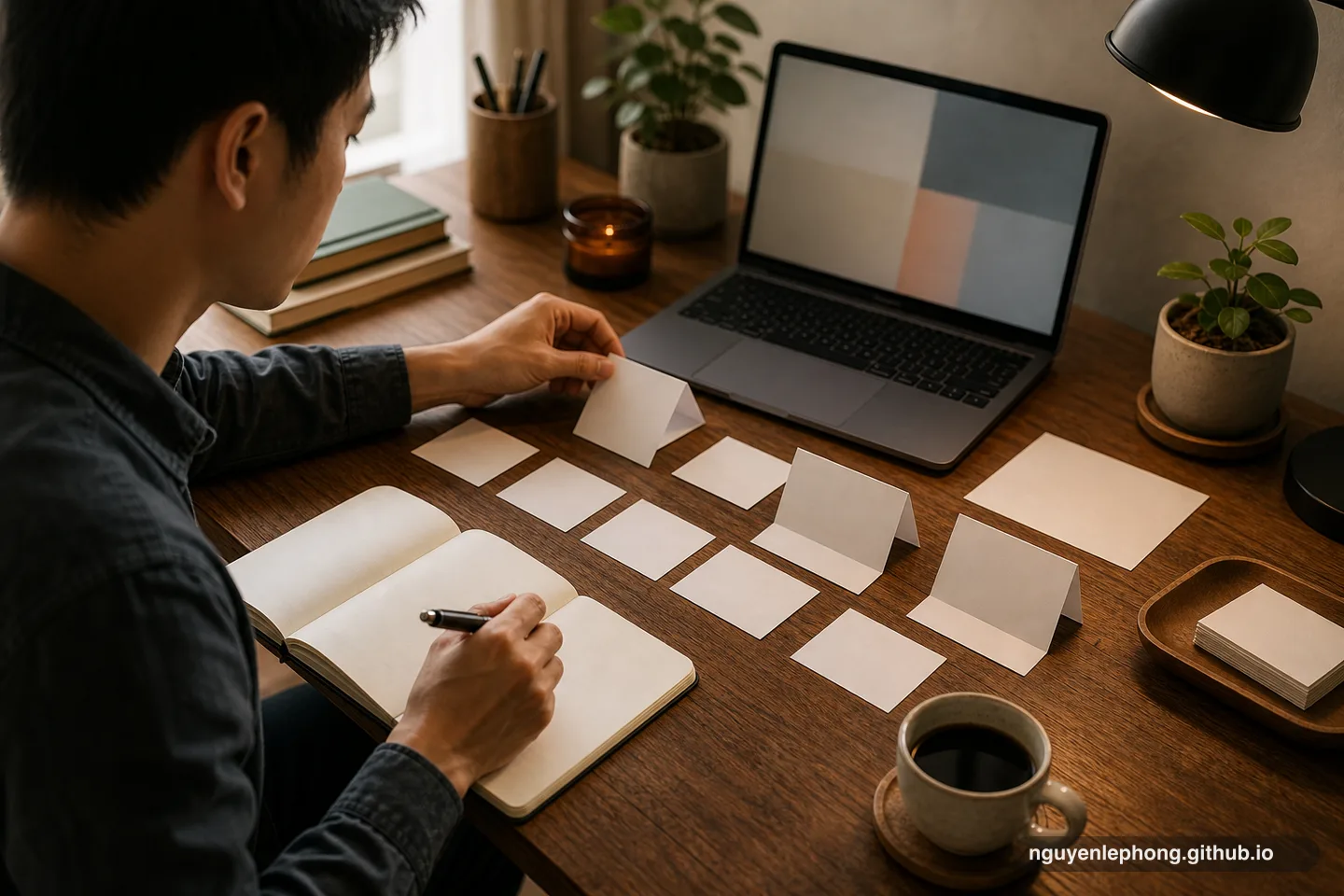 A Vietnamese professional rethinks a folded paper prototype after a small test at a warm desk.