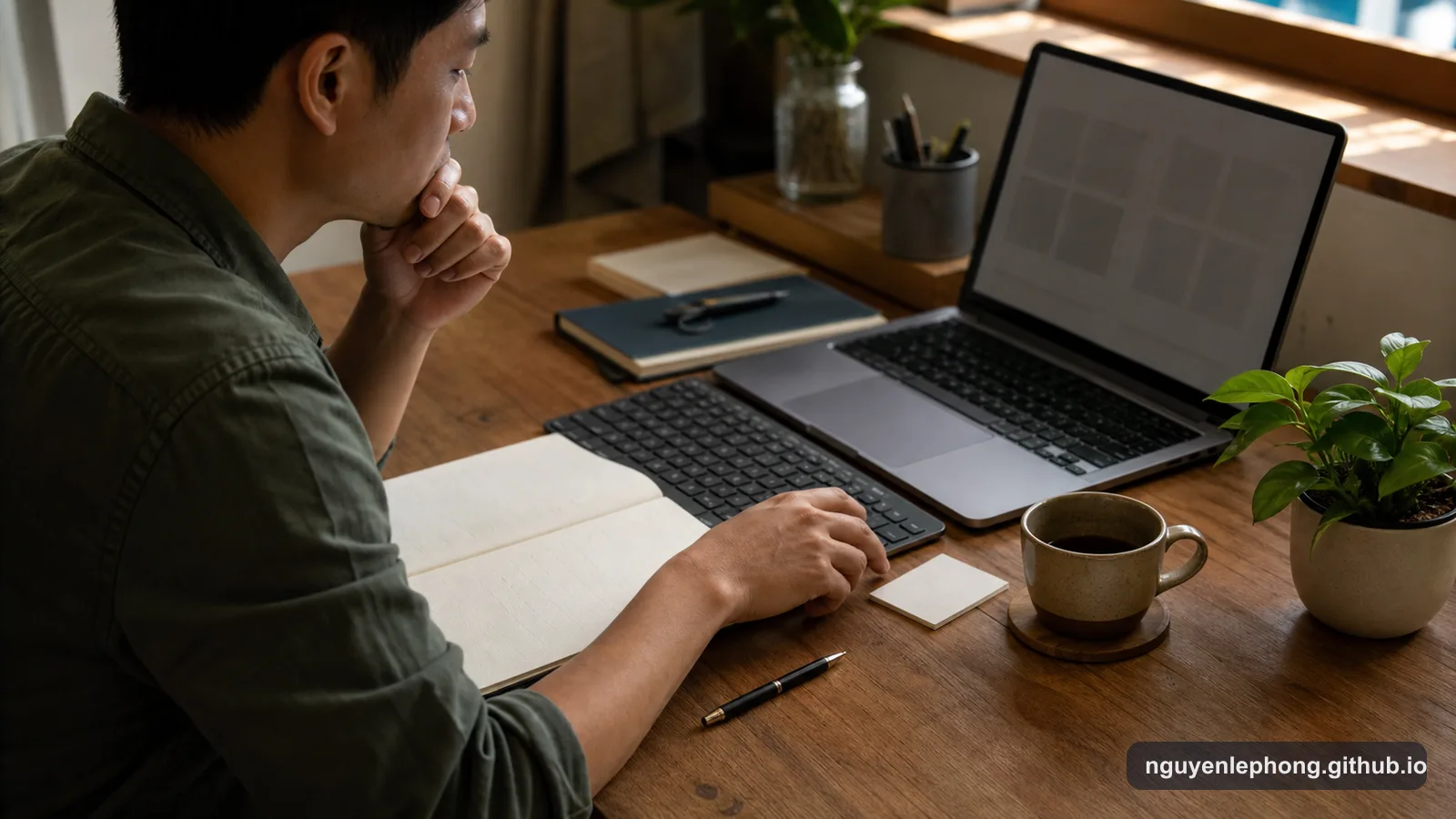 Một người Việt Nam ngồi lưỡng lự bên bàn làm việc ấm với sổ tay trống, laptop và một tấm thẻ chưa chạm tới.