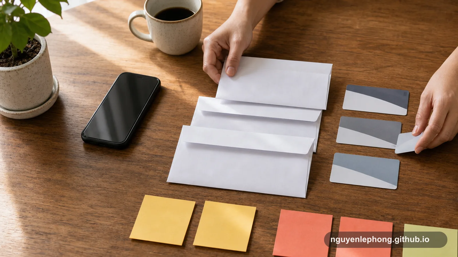 Hands sorting envelopes and payment cards across a table to make the full debt picture visible.