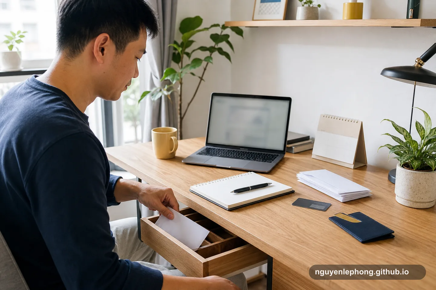 A person filing a paid envelope into a drawer beside a notebook and a simple monthly review setup.