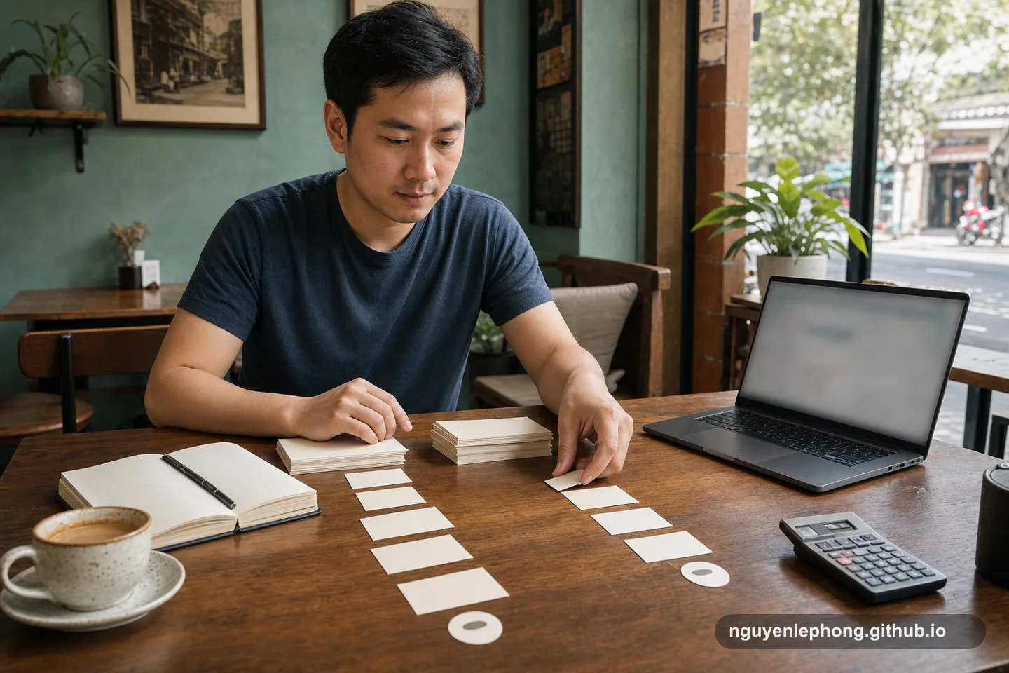 A person sorting simple repayment options beside a notebook and coffee at a cafe table.