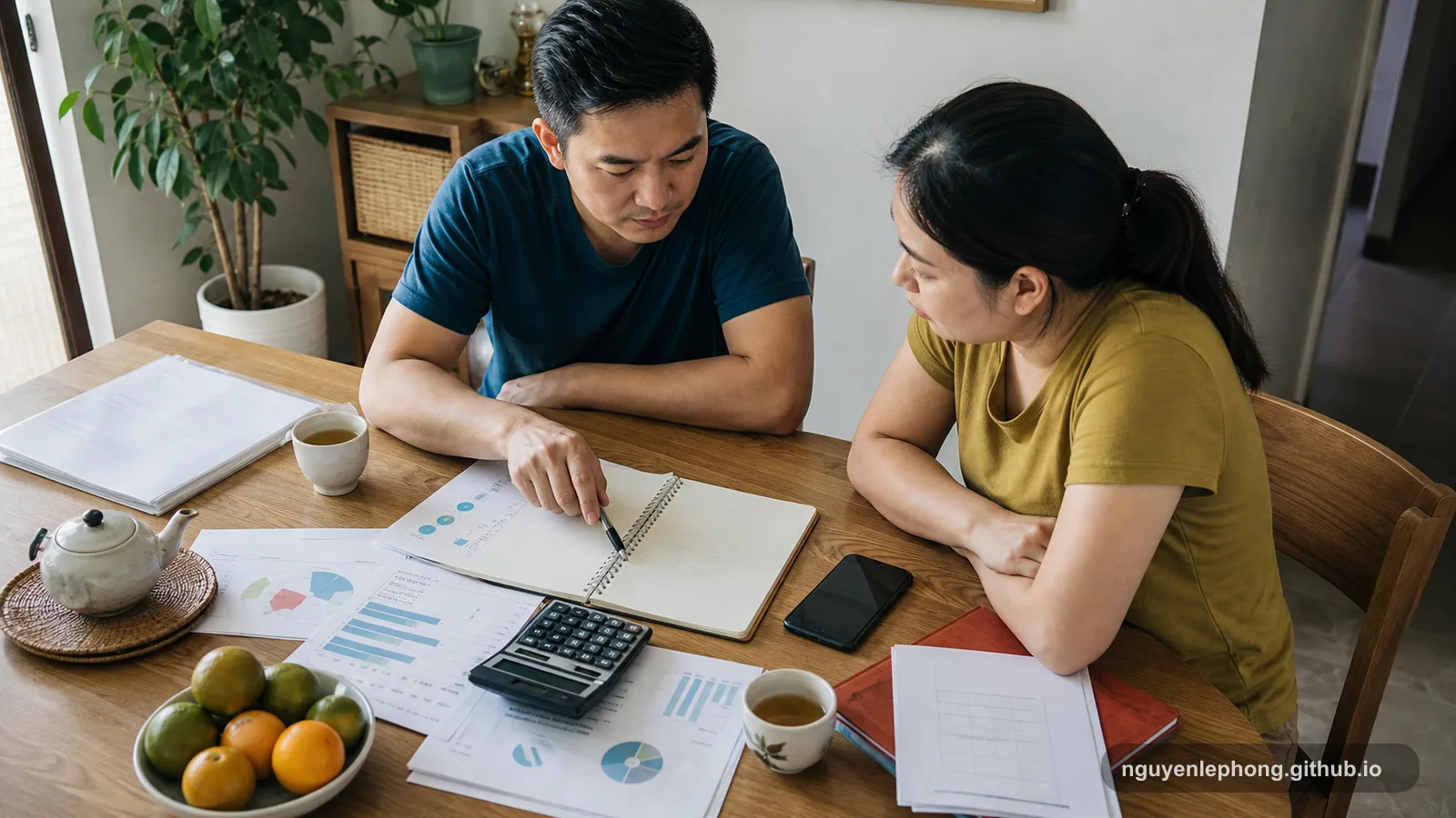 A Vietnamese couple calmly reviews a household budget at a wooden table with a calculator, notebook, and blurred finance papers.