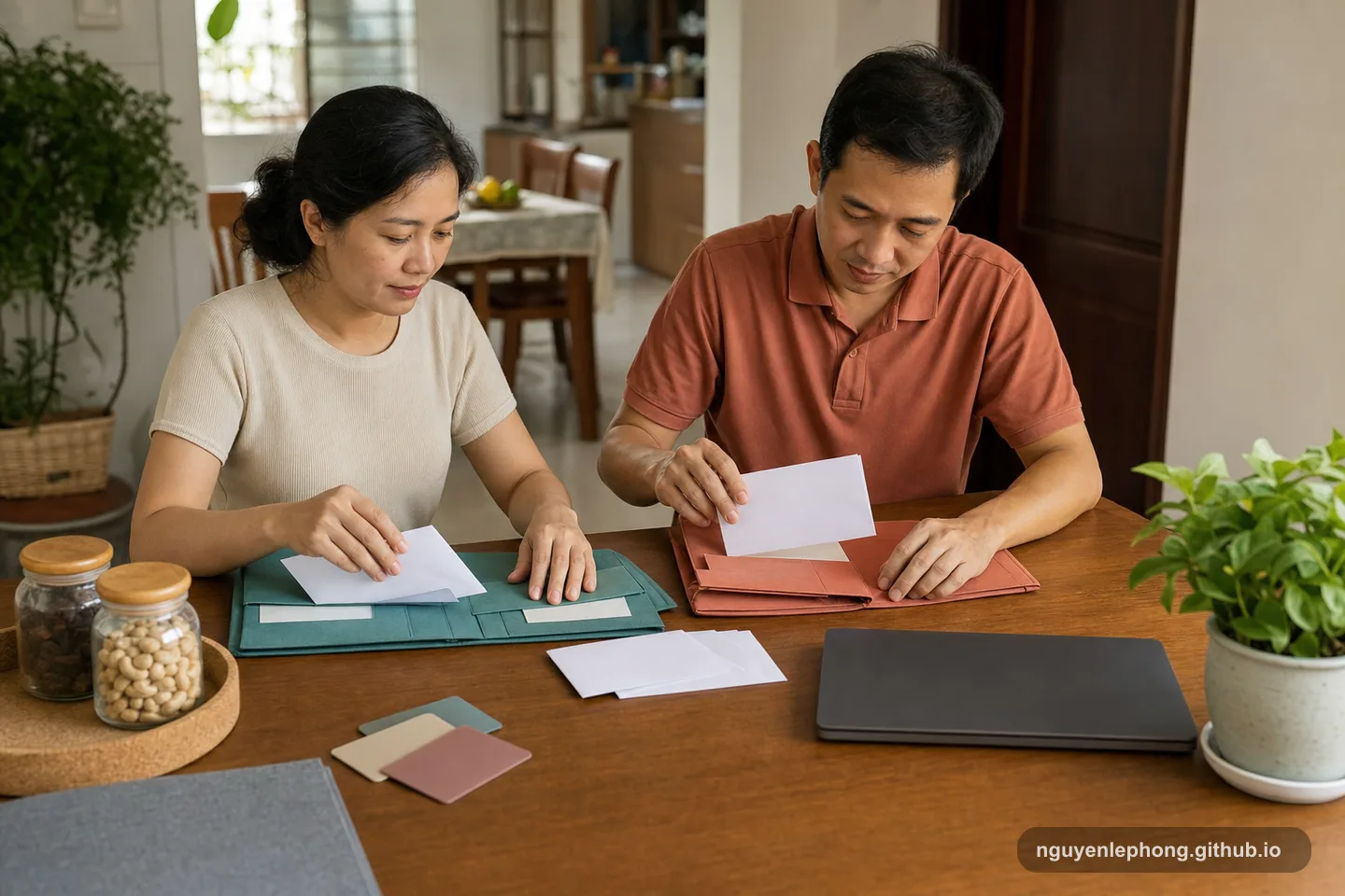 A Vietnamese couple sorts blank envelopes and folders to separate shared family money from personal spending room.