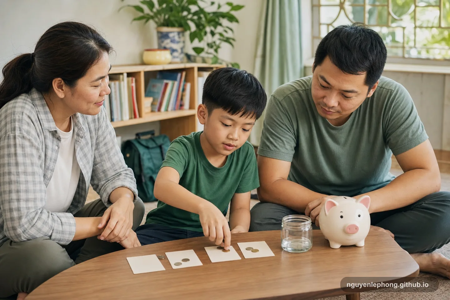 Vietnamese parents guide a child through a simple saving exercise with coins and blank cards at home.