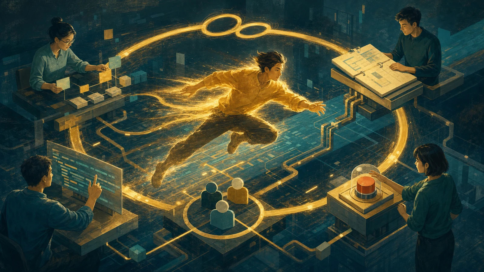 An editorial illustration surrounds a fast golden engineer with peer review, a runbook, a kill switch, and shared ownership.