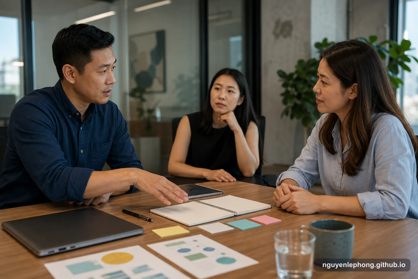 Three colleagues hold a calm feedback conversation around a notebook and blank work materials in a meeting room.