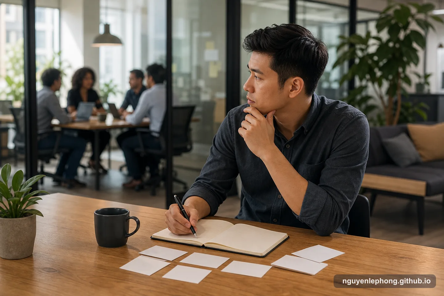 A professional writes in a notebook after a meeting while colleagues continue in the background, using the moment to check their own assumptions.