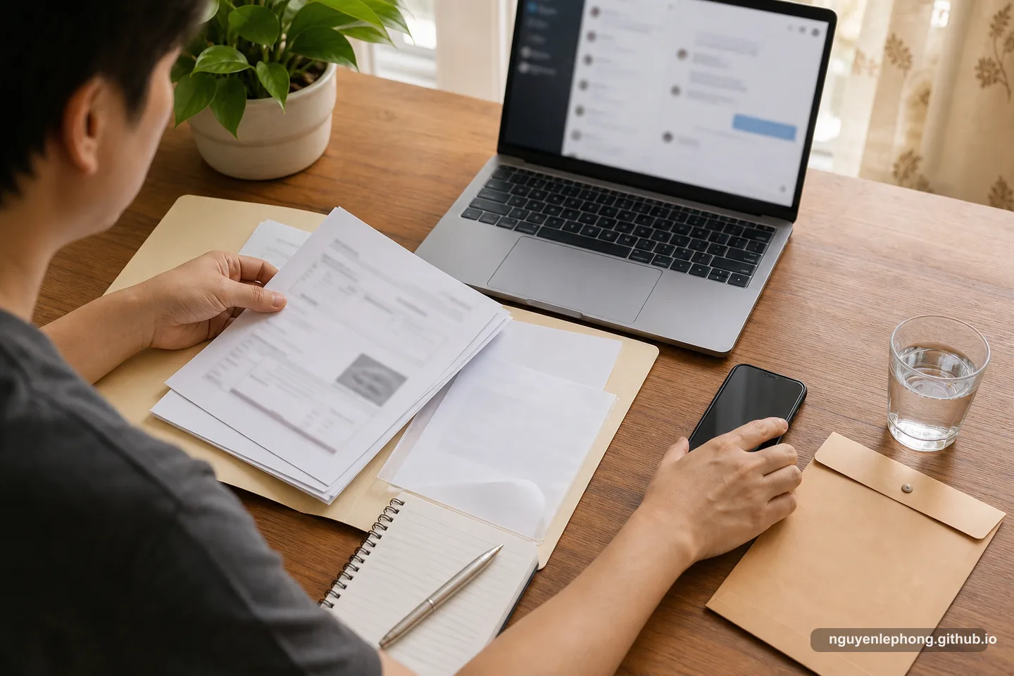 Hands collect blurred documents beside a laptop and phone after deciding not to send more money.